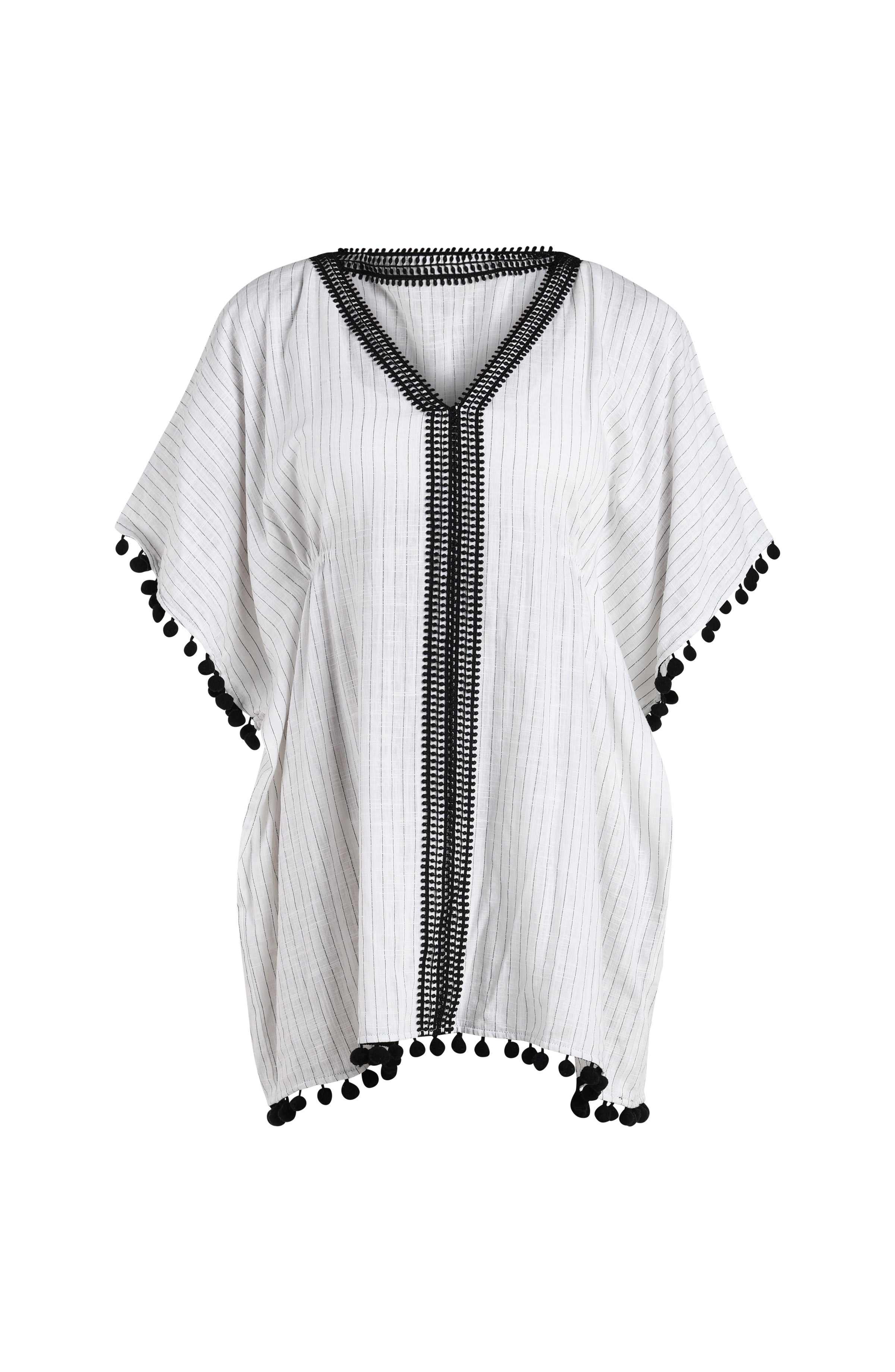 Floating image of a short pull over v-neck caftan with three quarter sleeves adorned with tassel trim. Featuring a cream colored linen print.