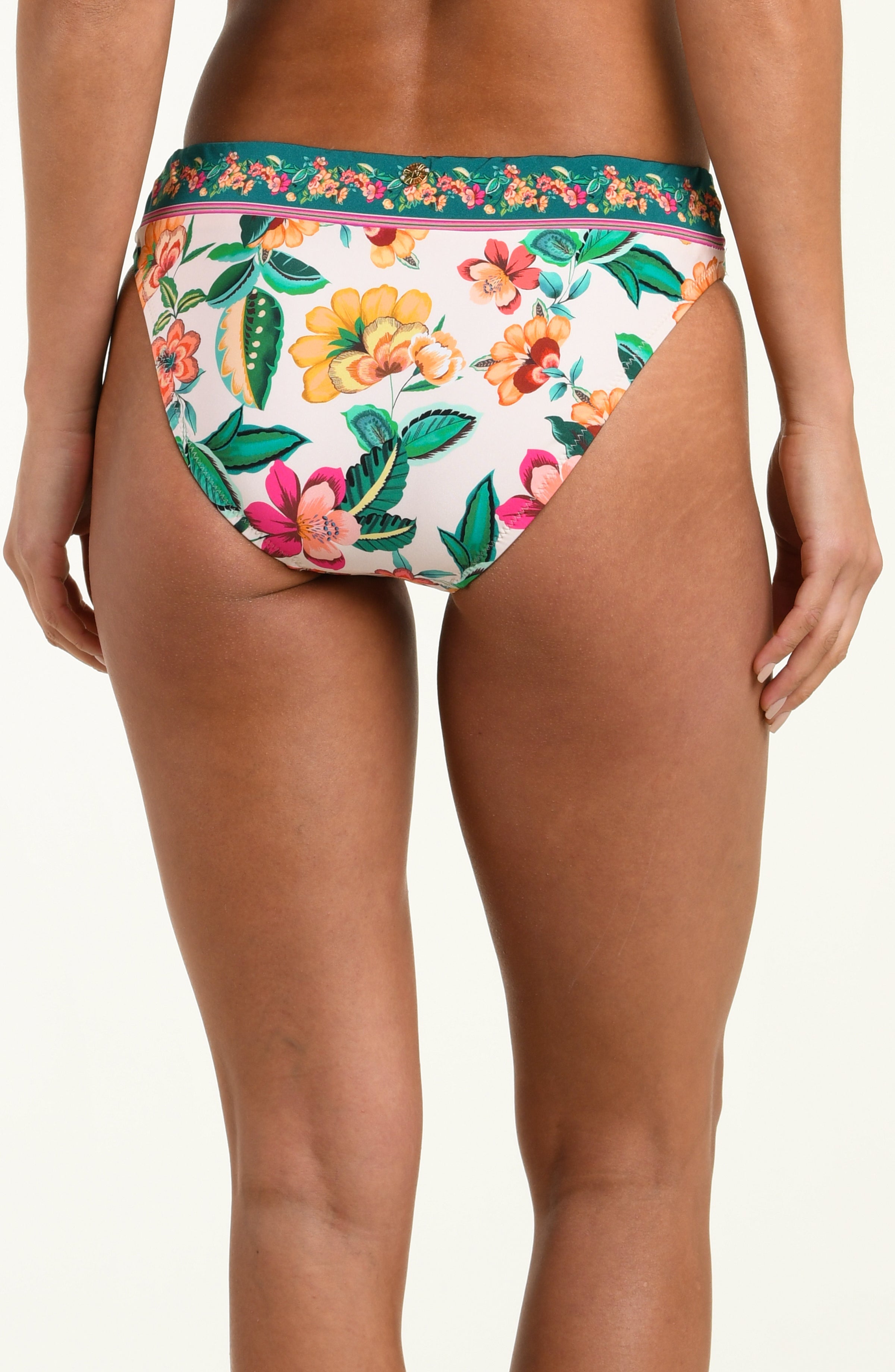 Floral-patterned bikini bottom on a plain background