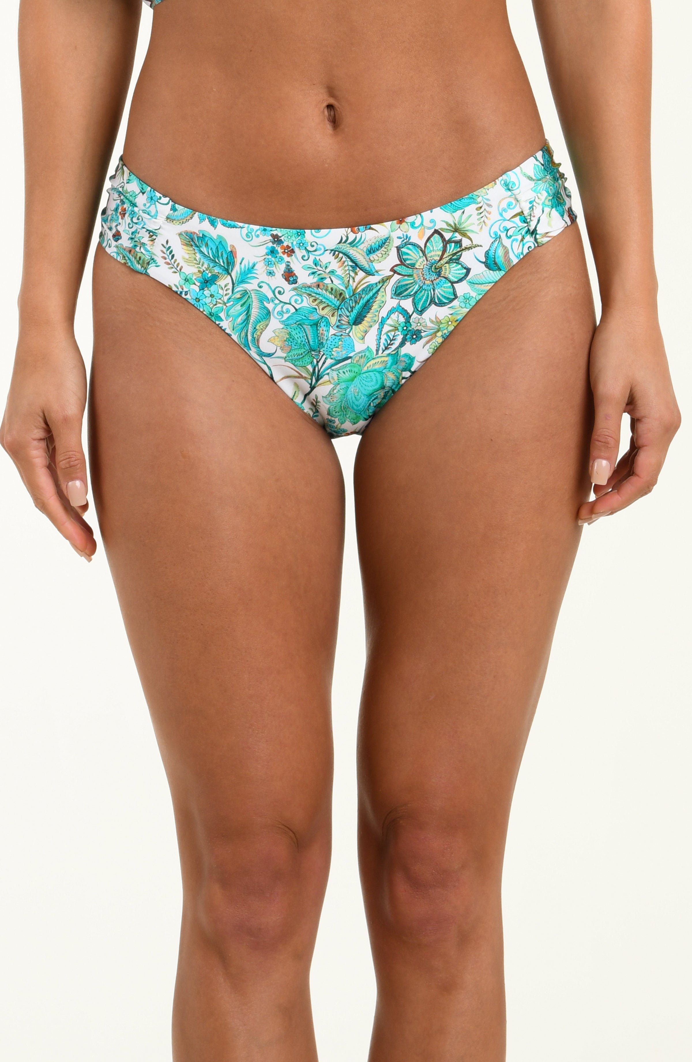 Floral-patterned bikini bottom on a plain background
