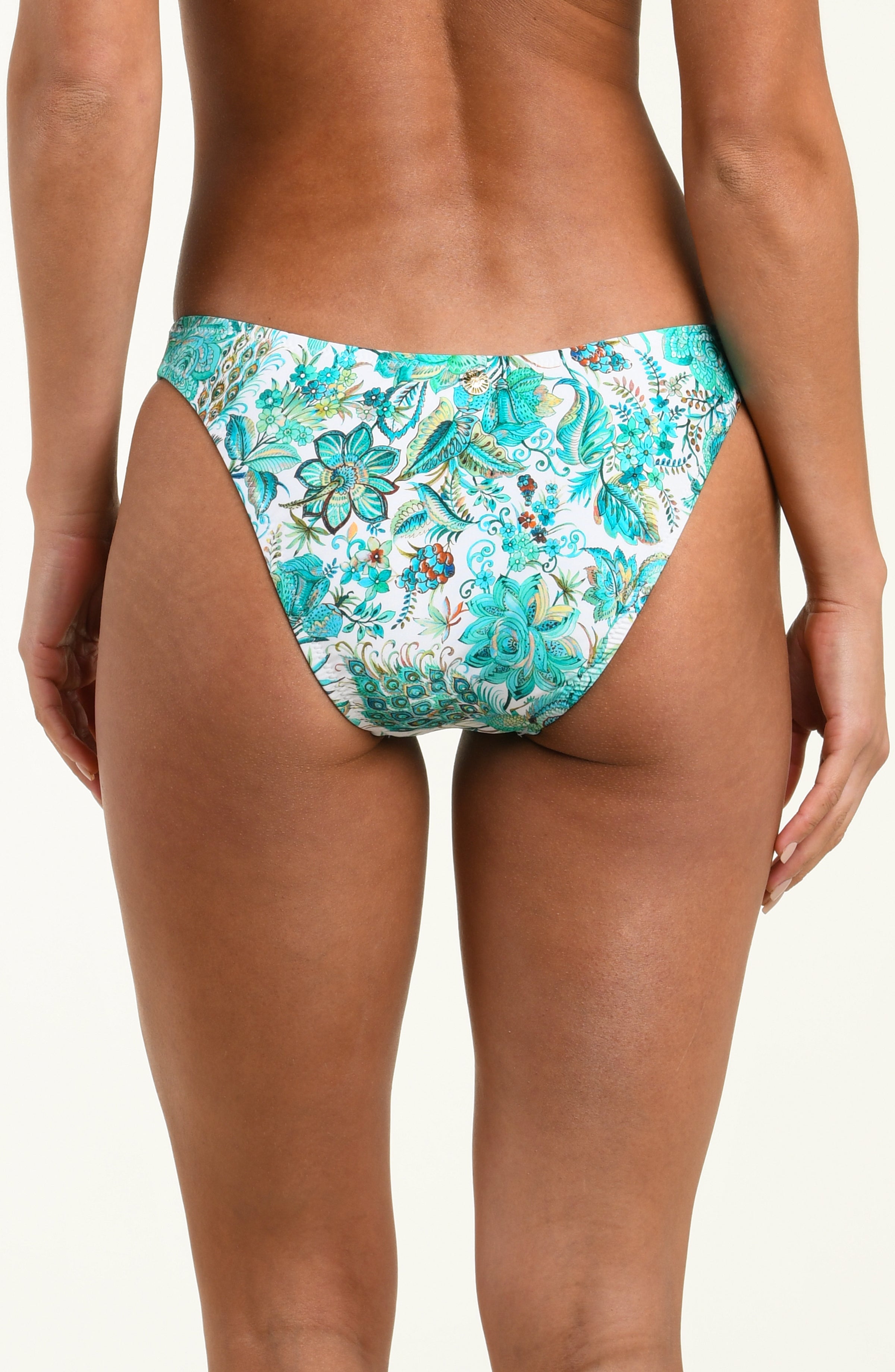 Floral-patterned bikini bottom on a plain background