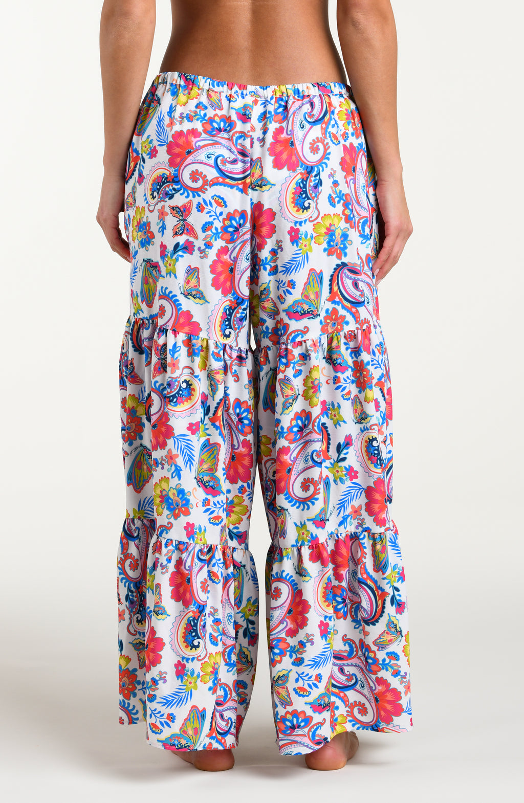 Multicolored pants against a white background. 