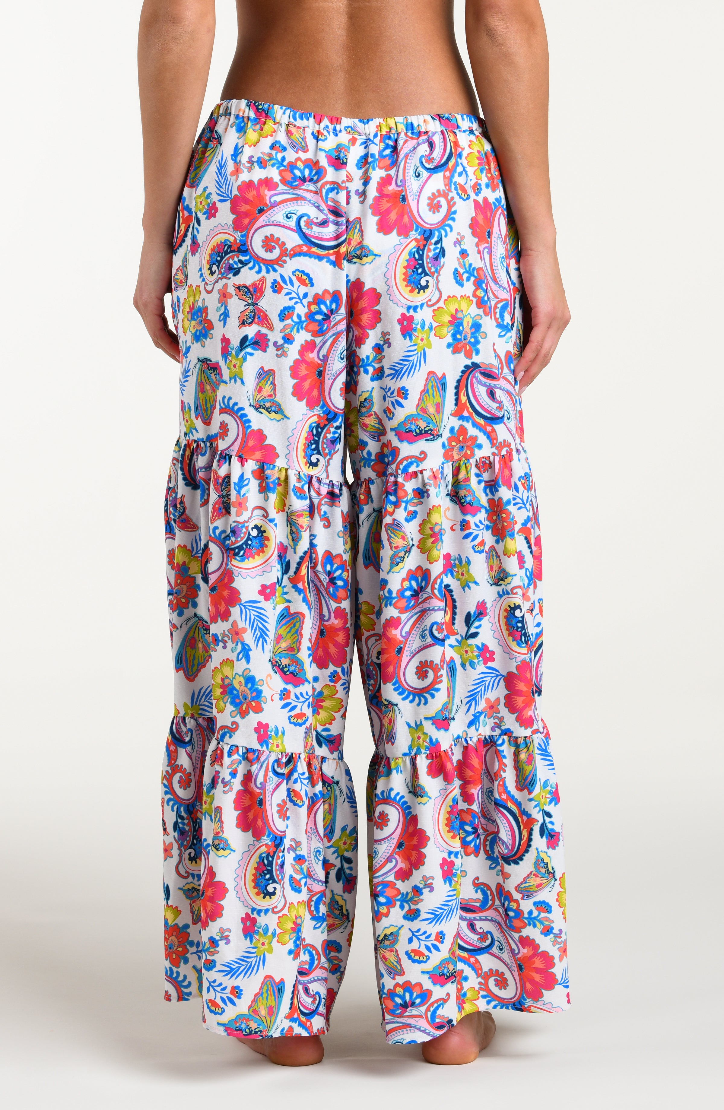 Multicolored pants against a white background. 