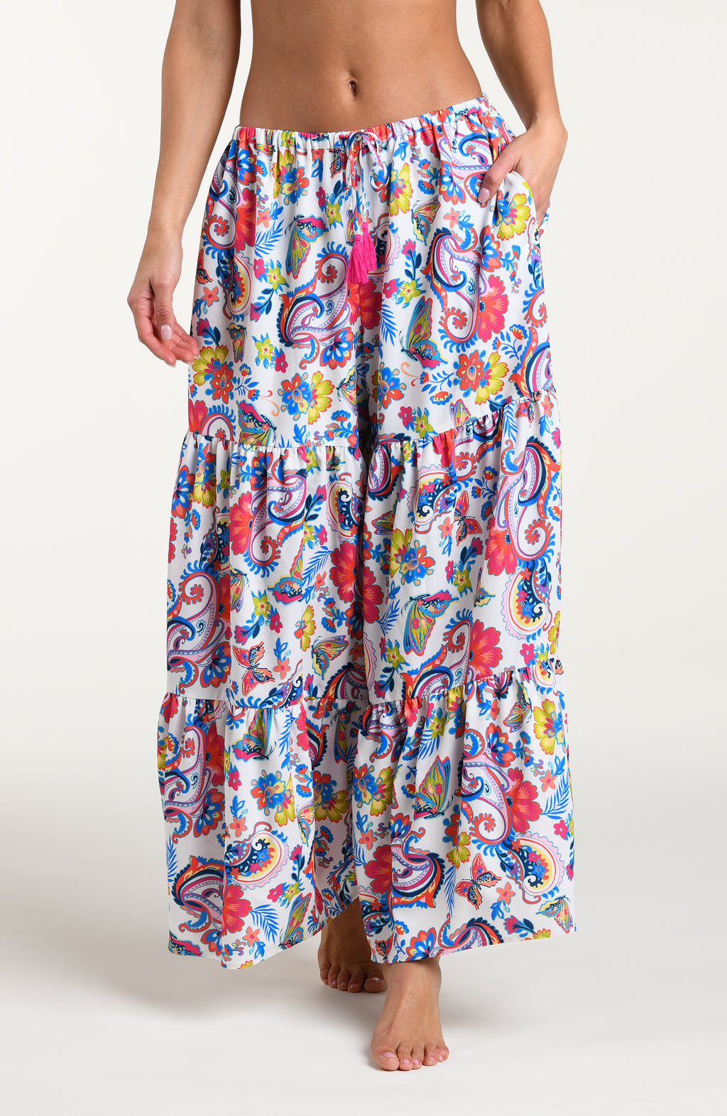 Multicolored pants against a white background. 
