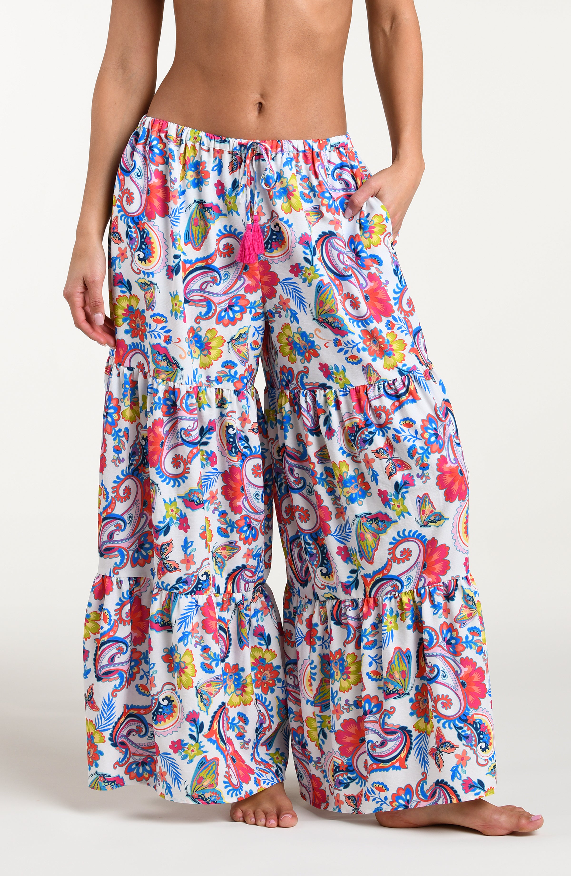 Multicolored pants against a white background. 