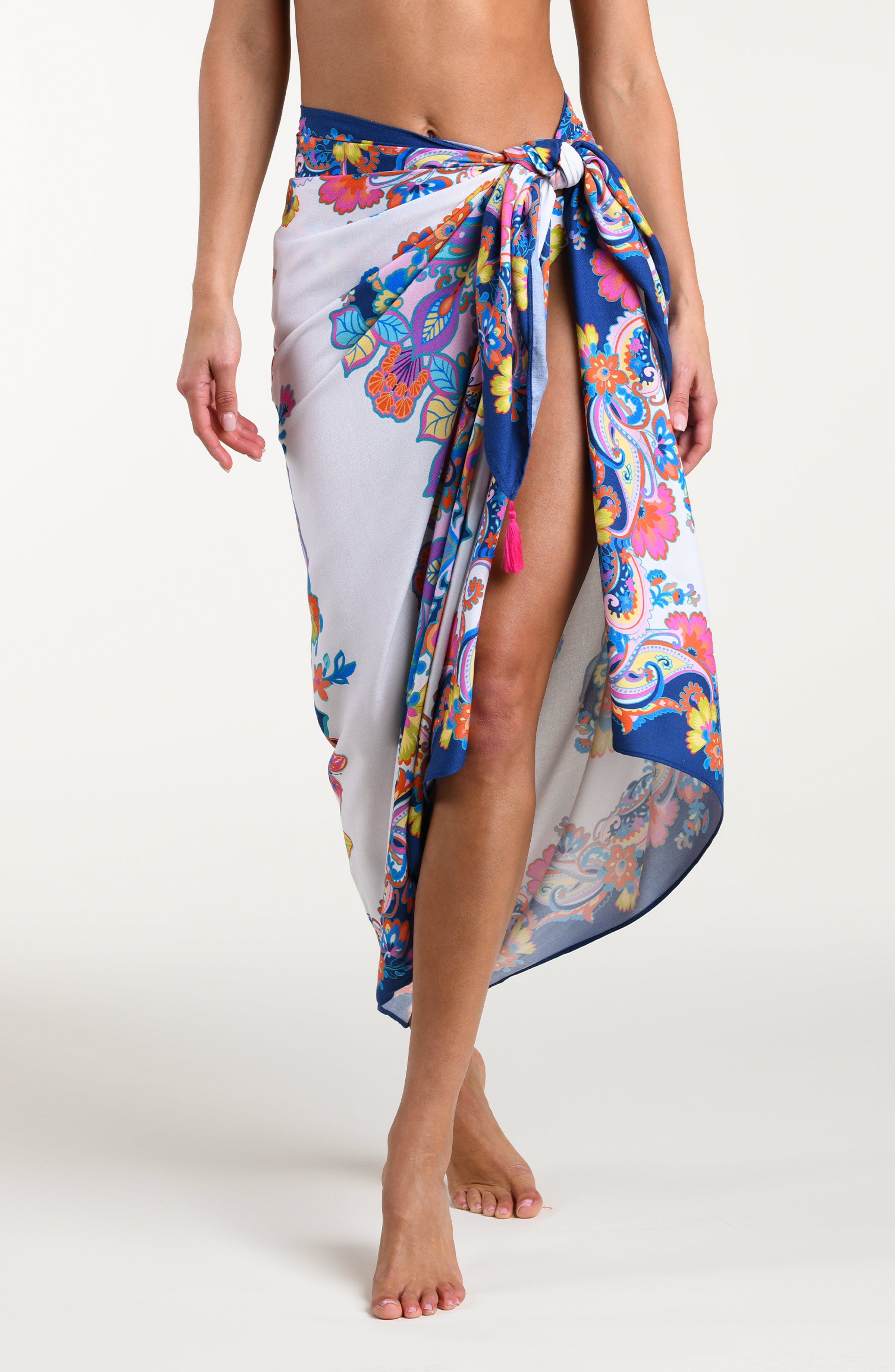 Multicolored sarong being worn by a person on a white background