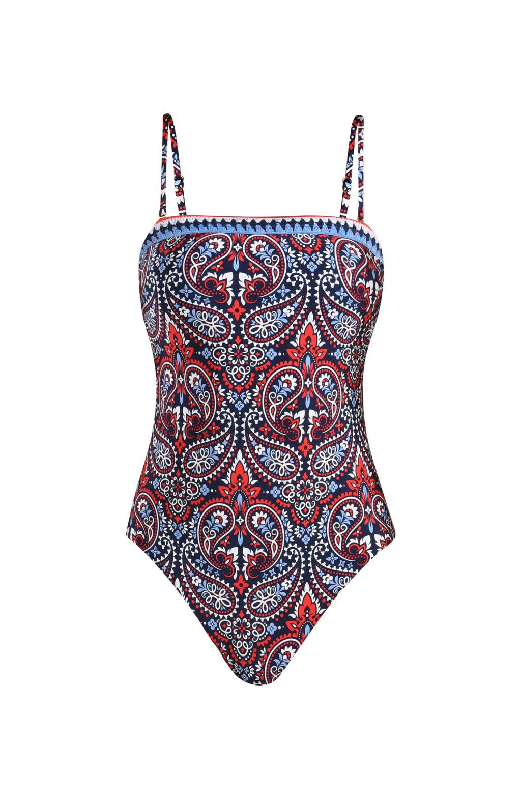 One-piece bandeau swimsuit with paisley pattern on a white background