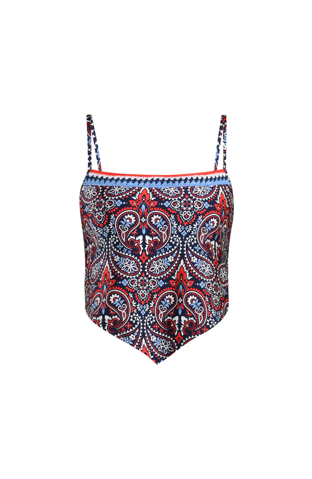 Image of a multicolored midkini top against a white background. 