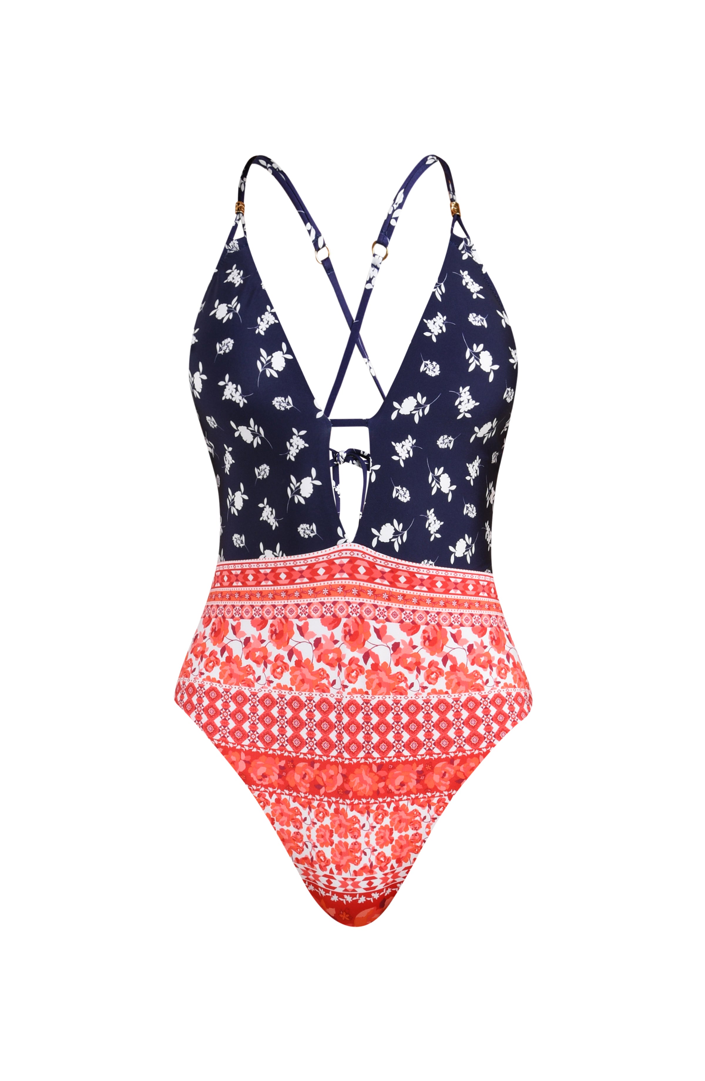 Image of a red, white, and blue multicolored one piece swimsuit set against a white background. 