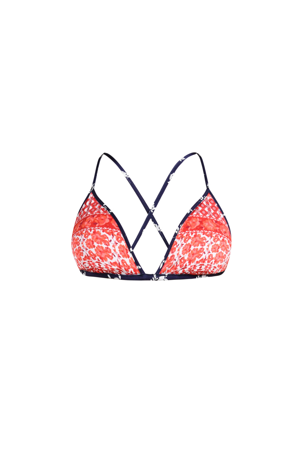 Image of a red, white, and blue multicolored bikini top set against a white background. 