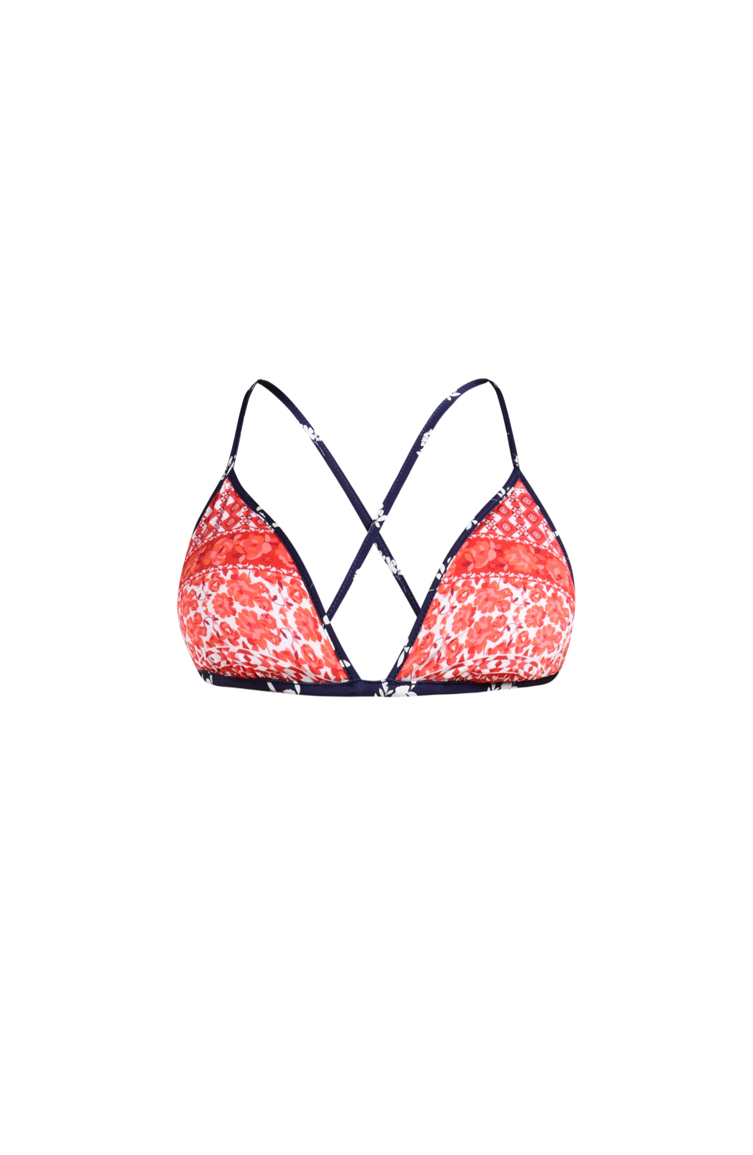 Image of a red, white, and blue multicolored bikini top set against a white background. 