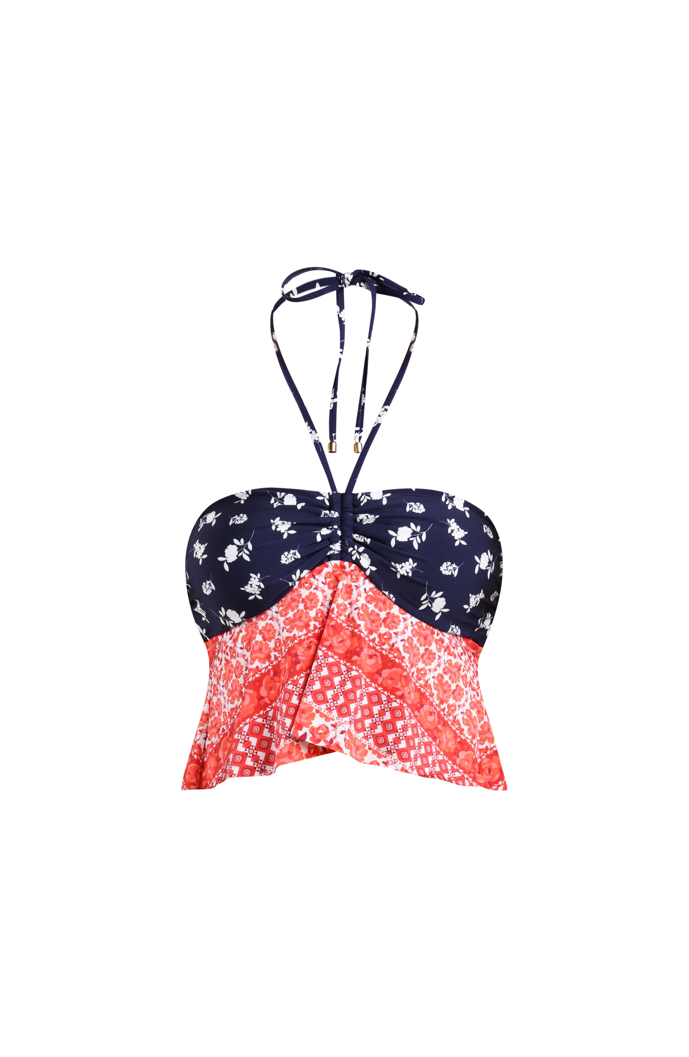 Image of a red, white, and blue multicolored midkini top against a white background. 