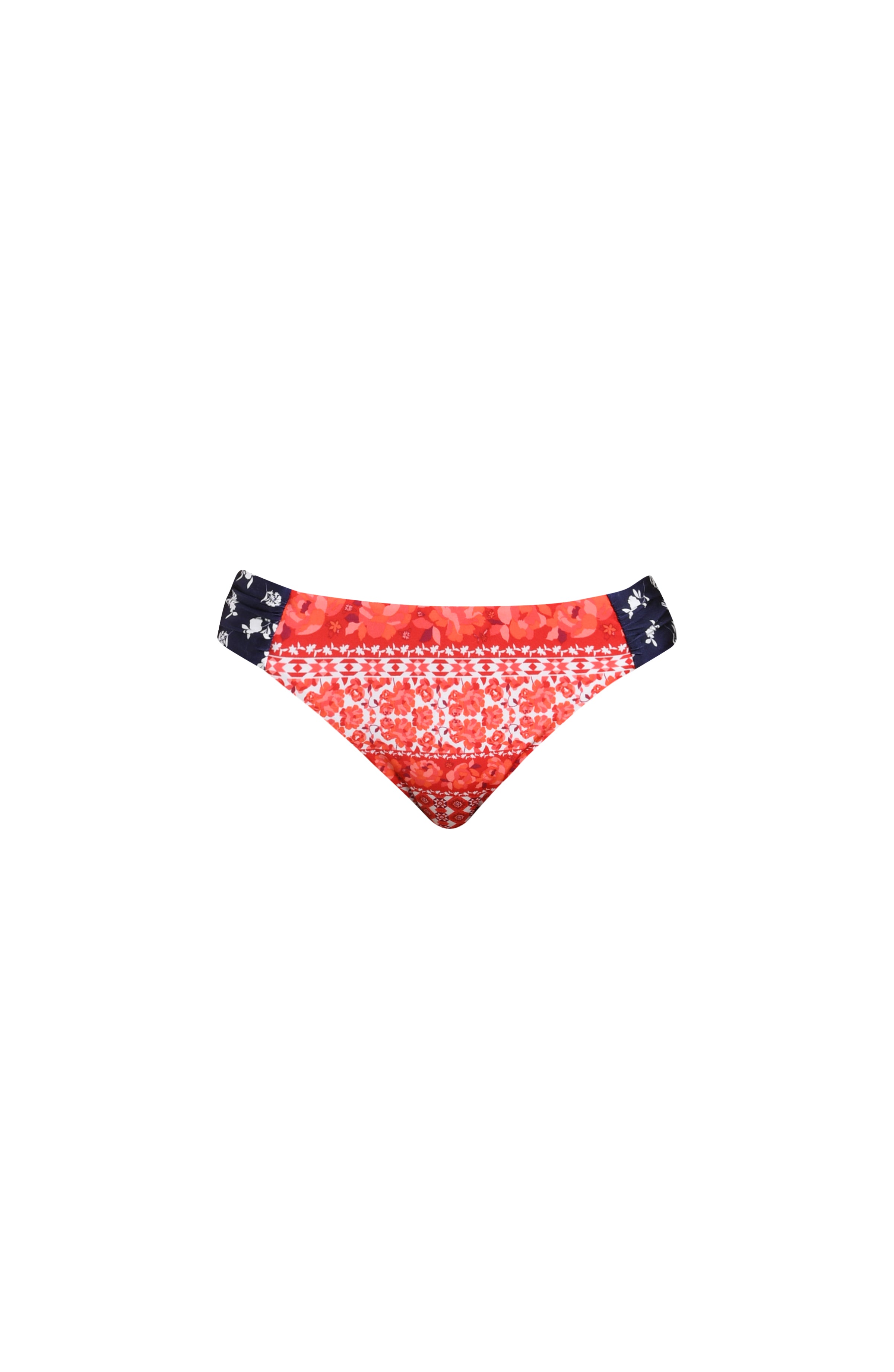 Image of a red, white, and blue multicolored bikini bottom against a white background. 