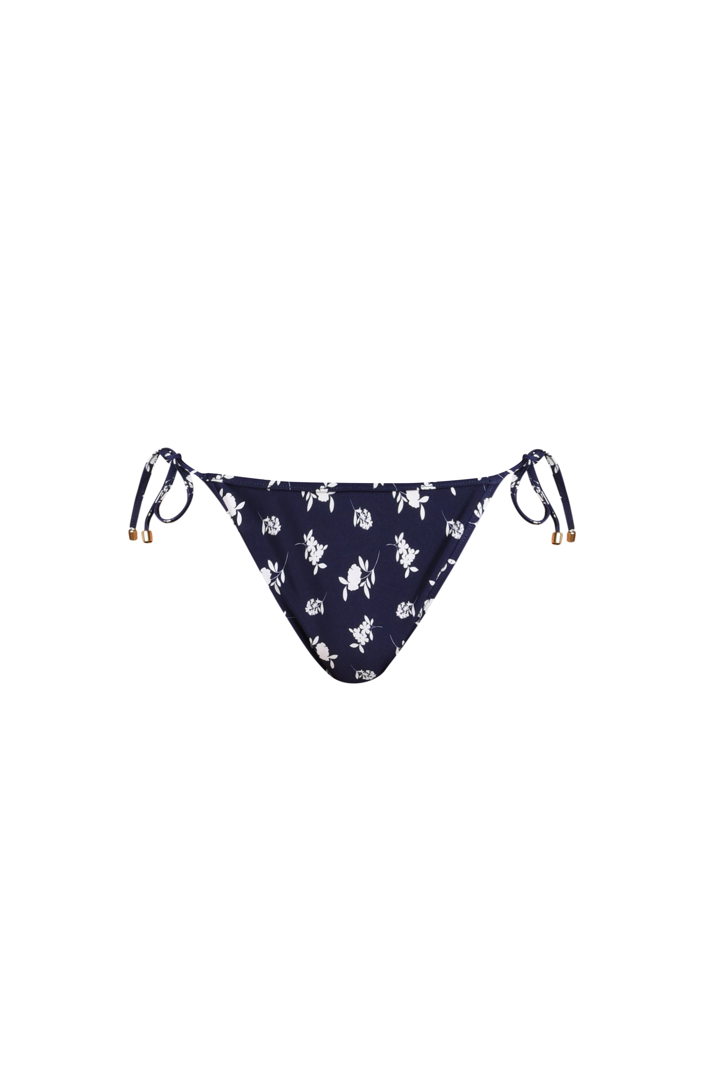 Image of a blue and white bikini bottom against a white background. 