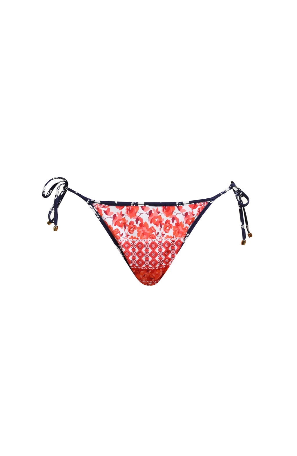 Image of a red, white, and blue multicolored bikini bottom against a white background. 