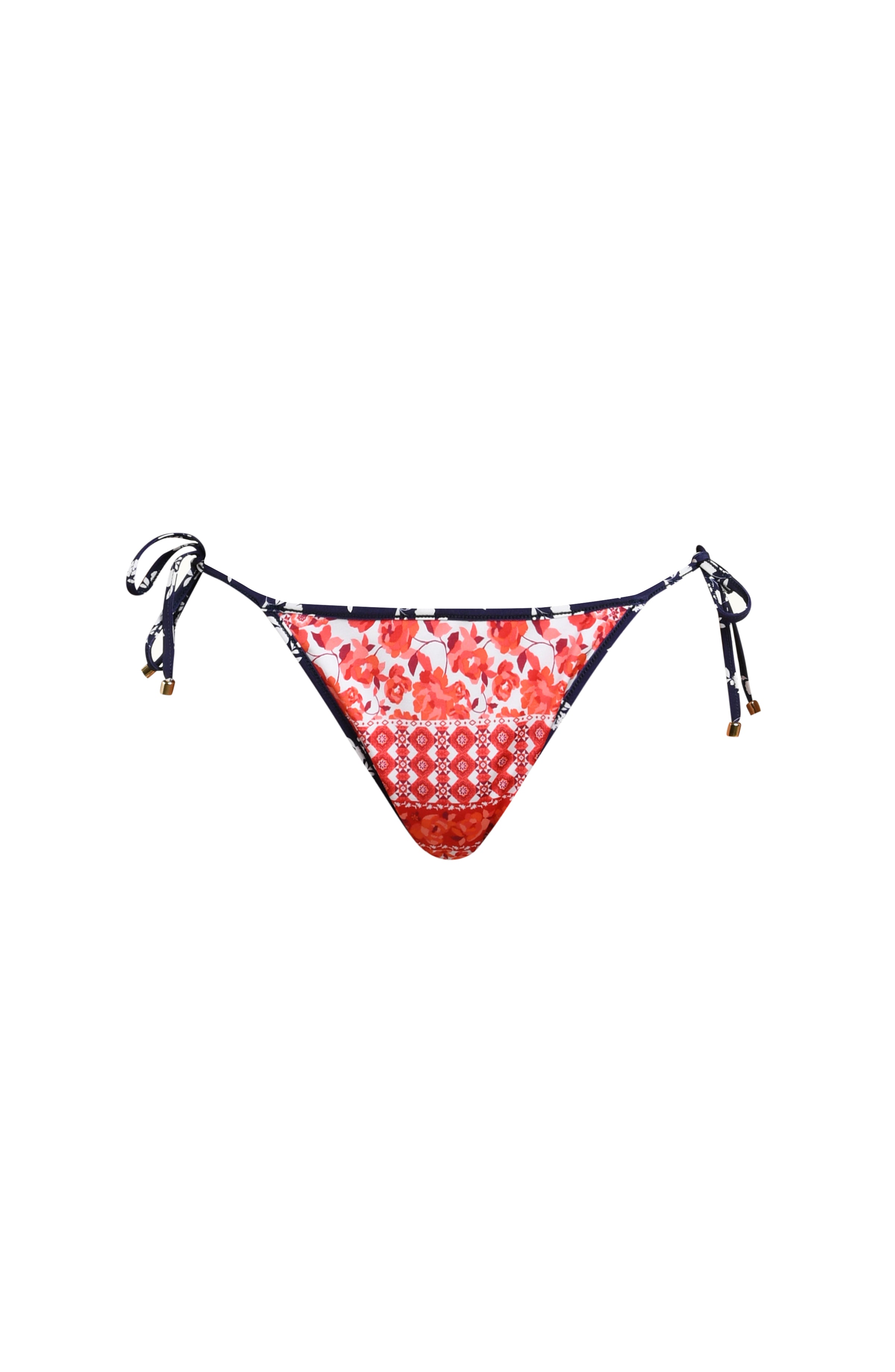 Image of a red, white, and blue multicolored bikini bottom against a white background. 