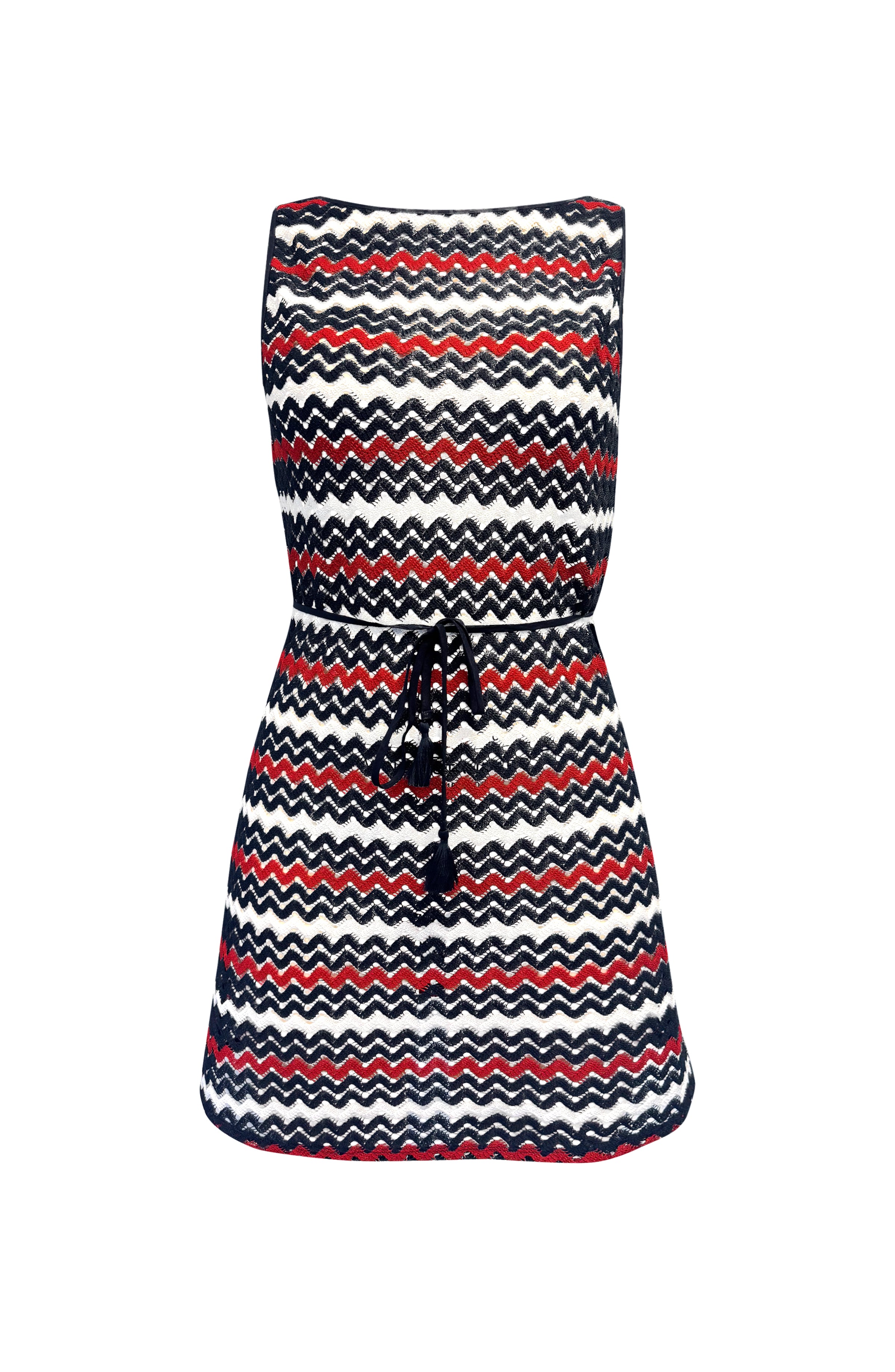 Image of a red, white, and blue multicolored dress cover up against a white background. 