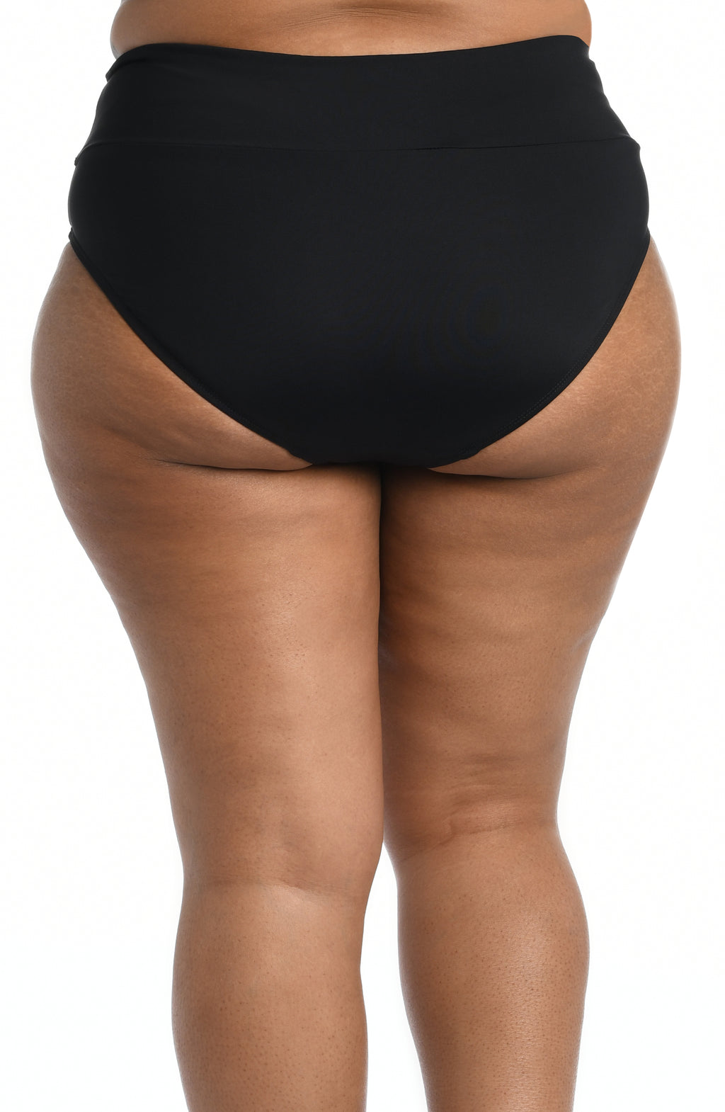 Black high-waisted bikini bottom on a white background