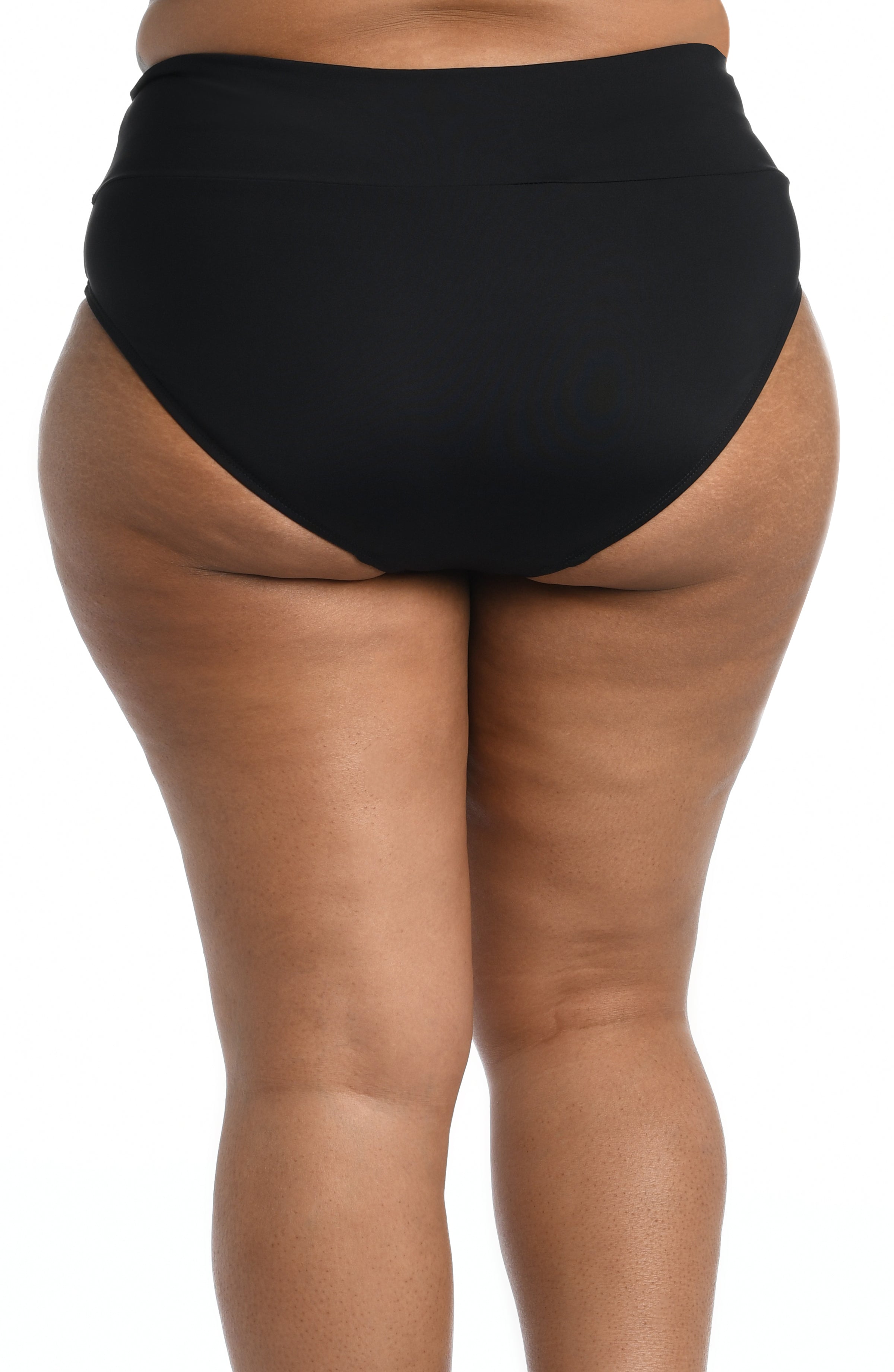 Black high-waisted bikini bottom on a white background