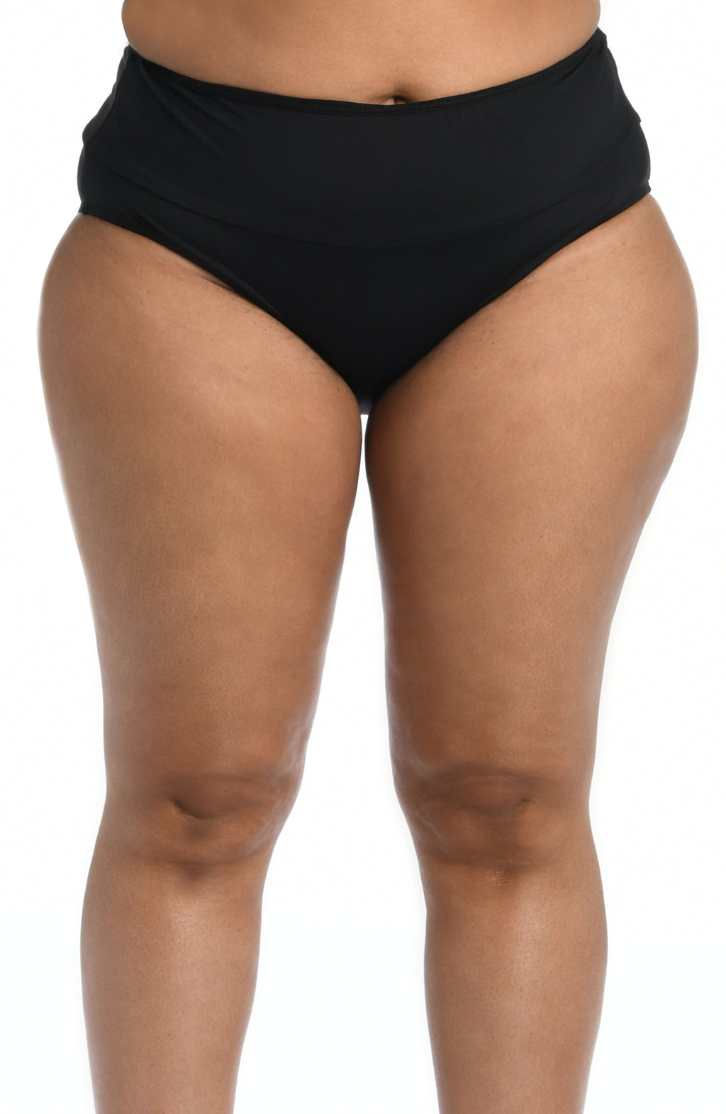 Black high-waisted bikini bottom on a white background