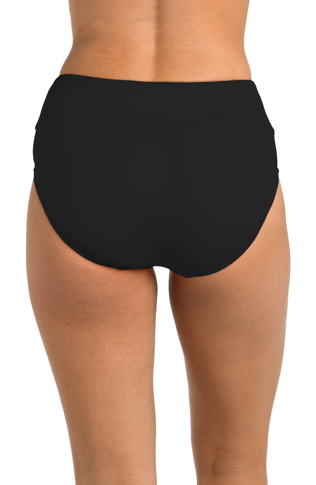 Black high-waisted bikini bottom on a white background