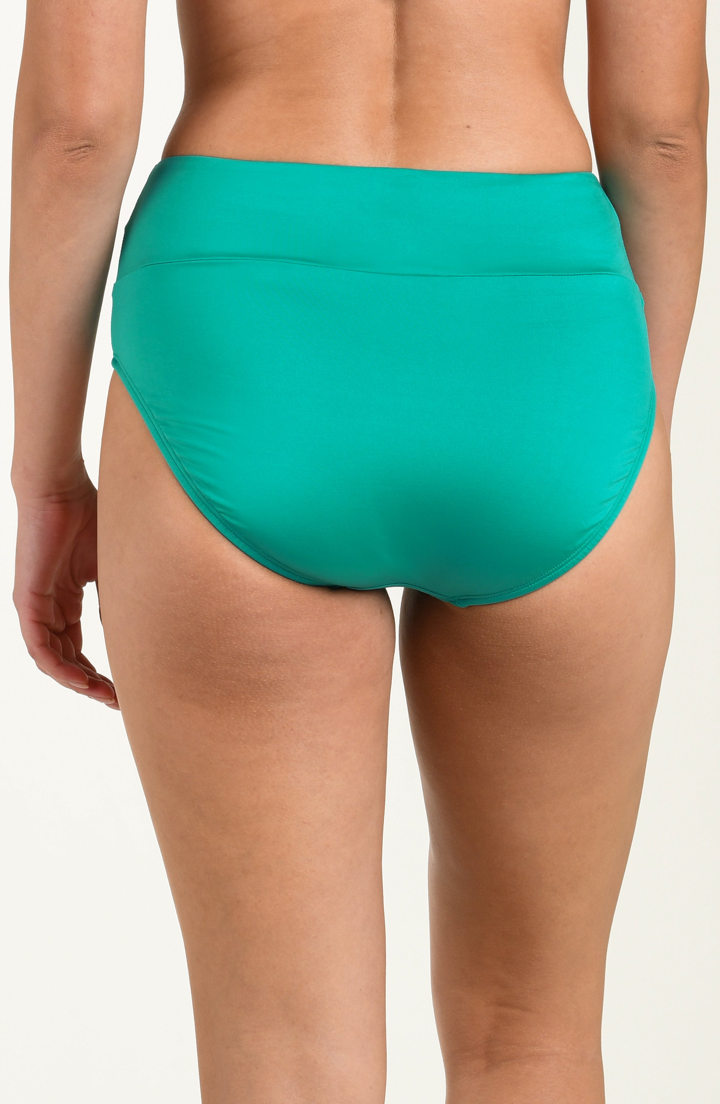 Green high-waisted bikini bottom on a white background