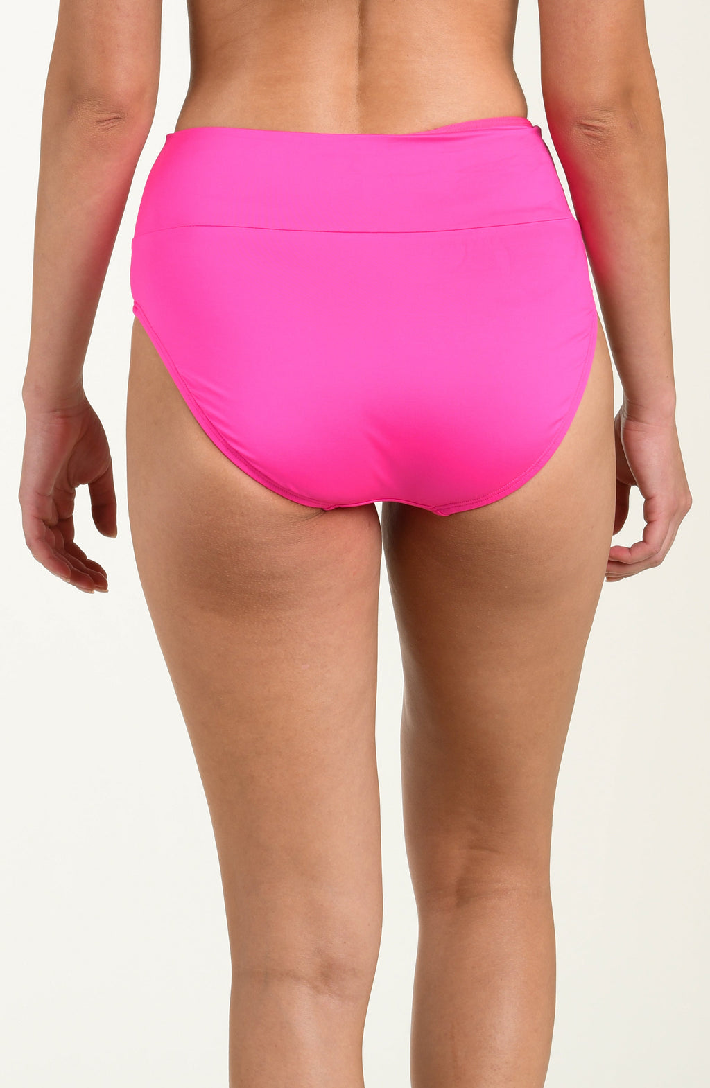 Hot pink high-waisted bikini bottom on a white background