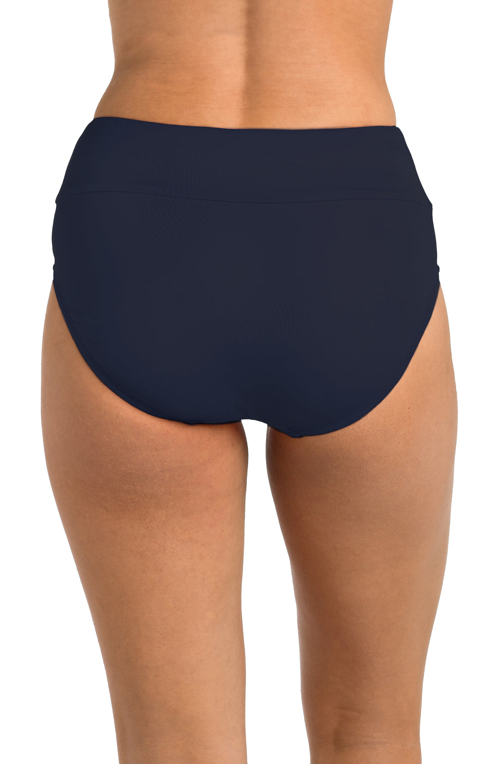 Navy blue high-waisted bikini bottom on a white background