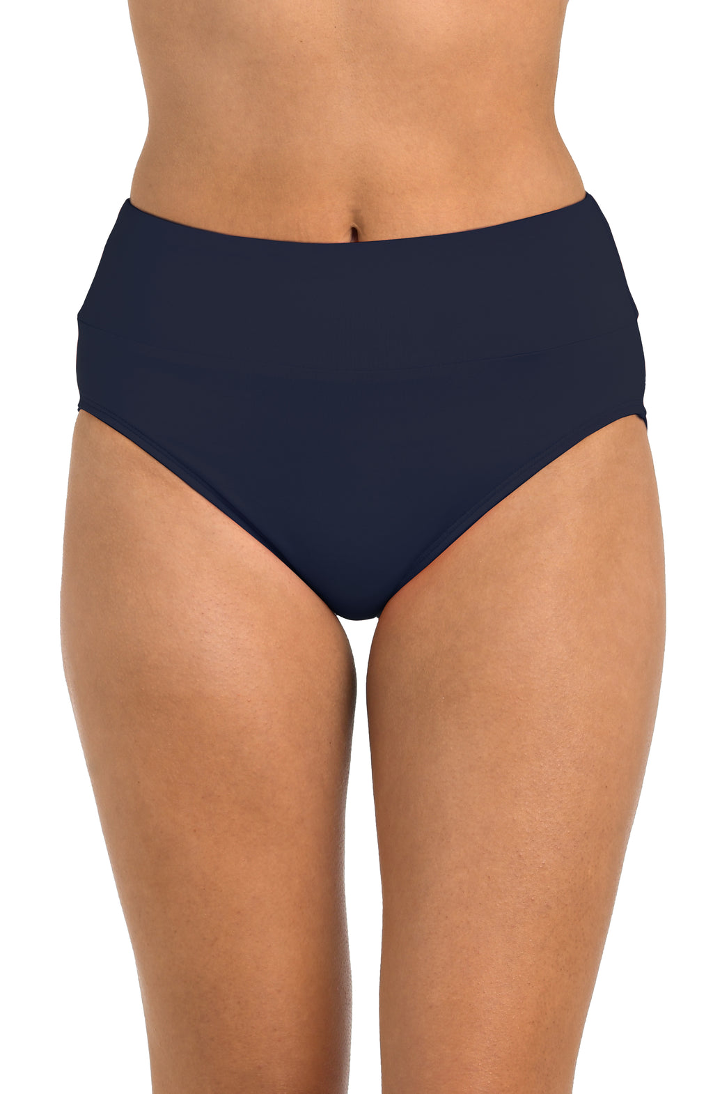 Navy blue high-waisted bikini bottom on a white background