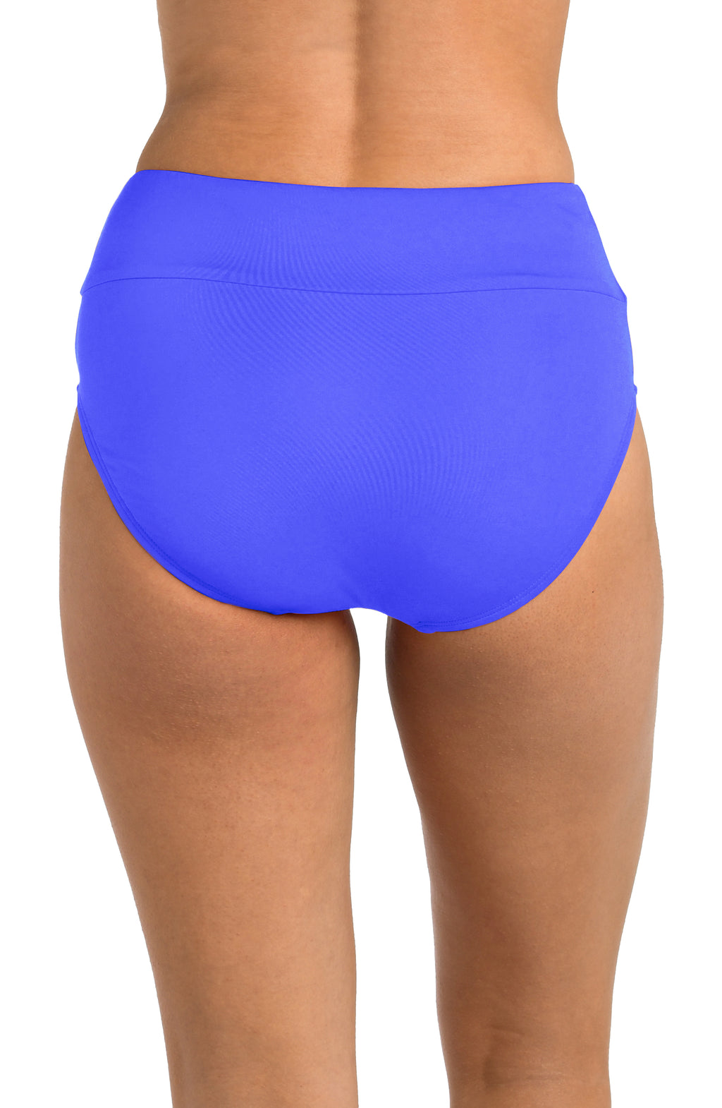Blue high-waisted bikini bottom on a white background