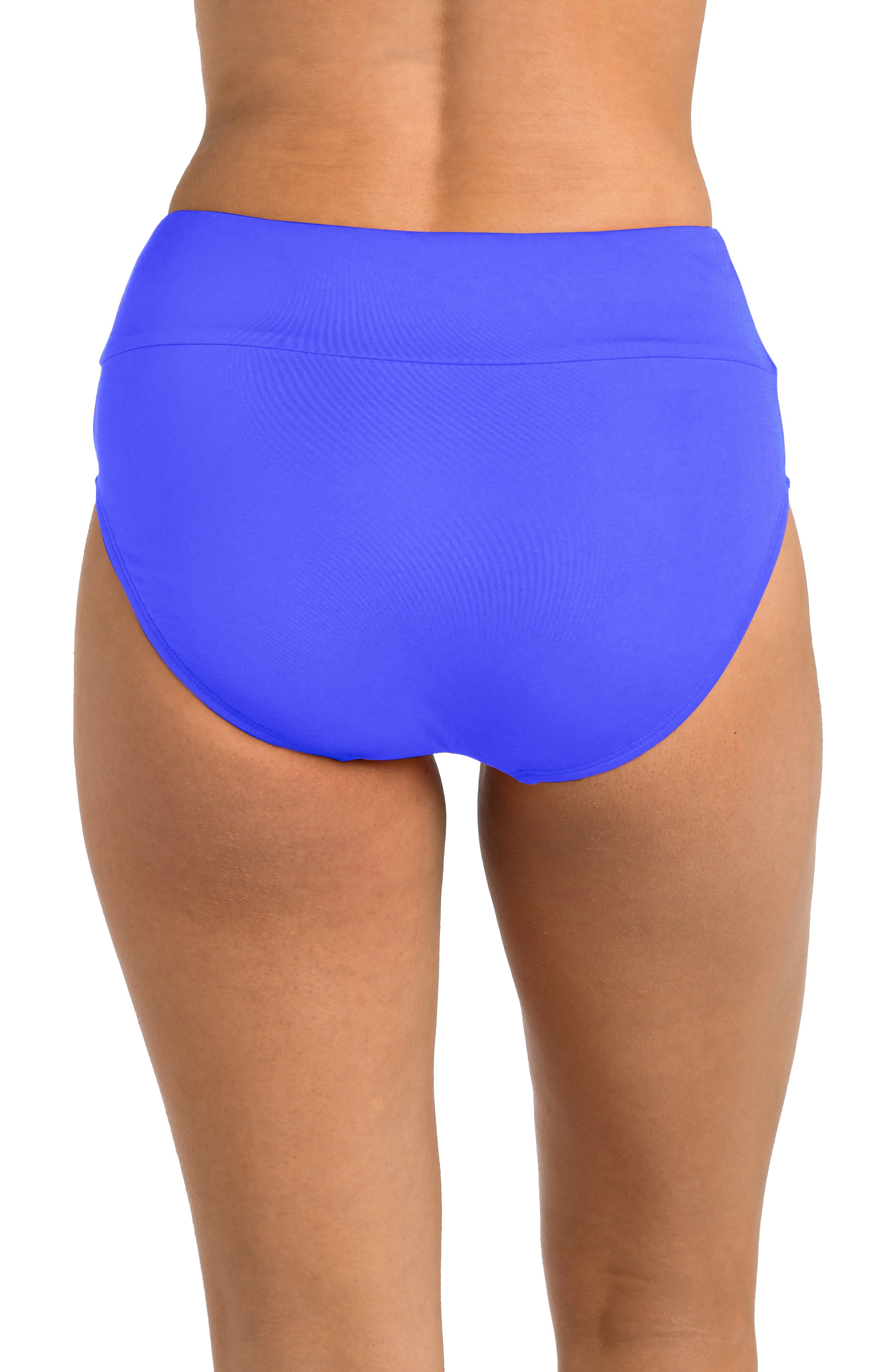 Blue high-waisted bikini bottom on a white background