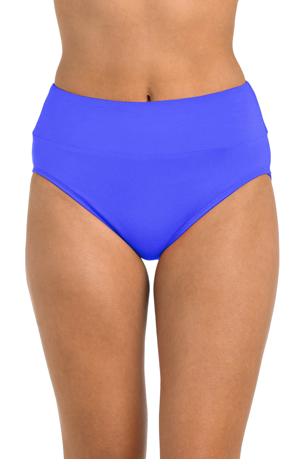 Blue high-waisted bikini bottom on a white background