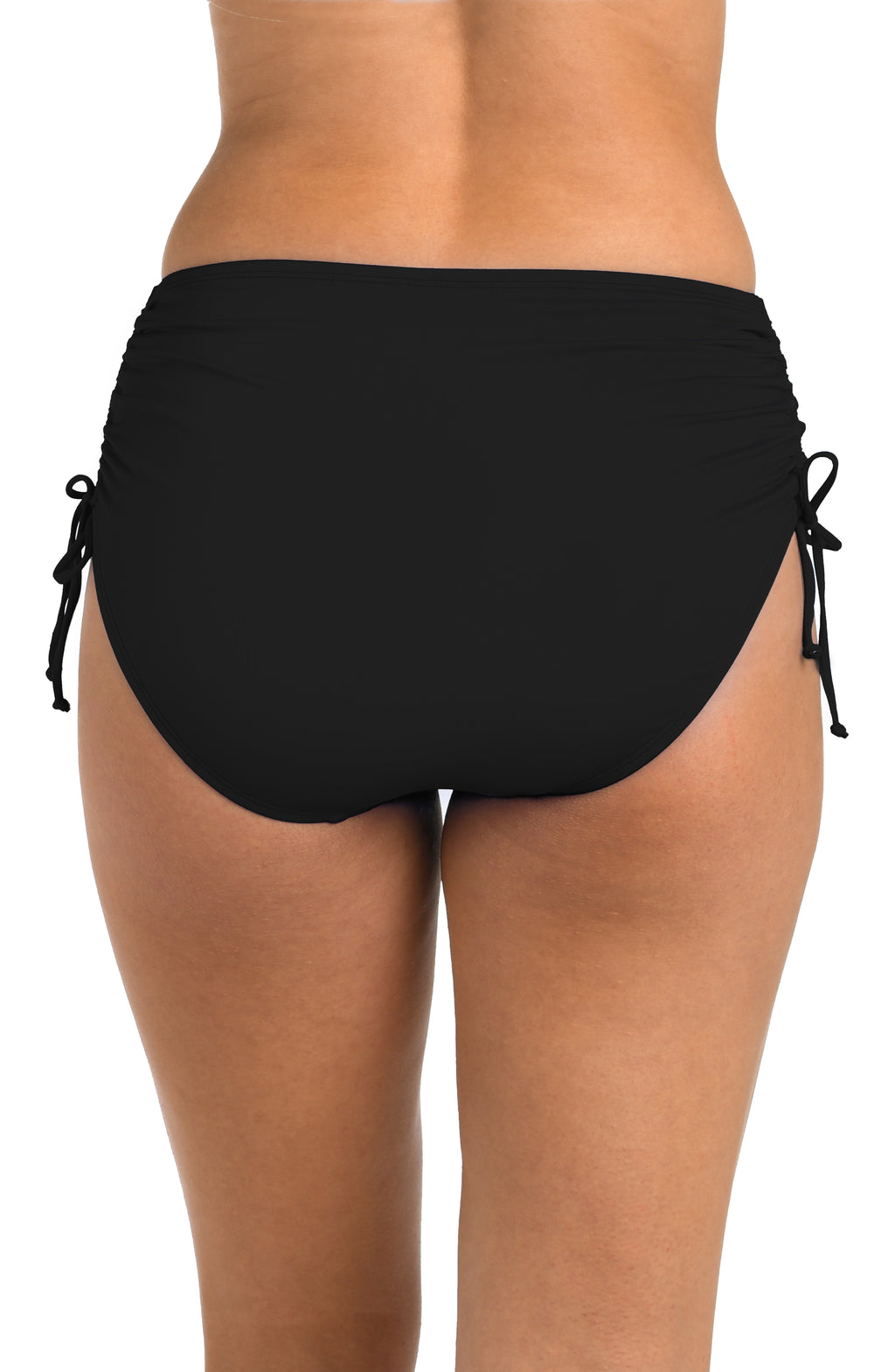 Black high-waisted bikini bottom with side ties on a white background