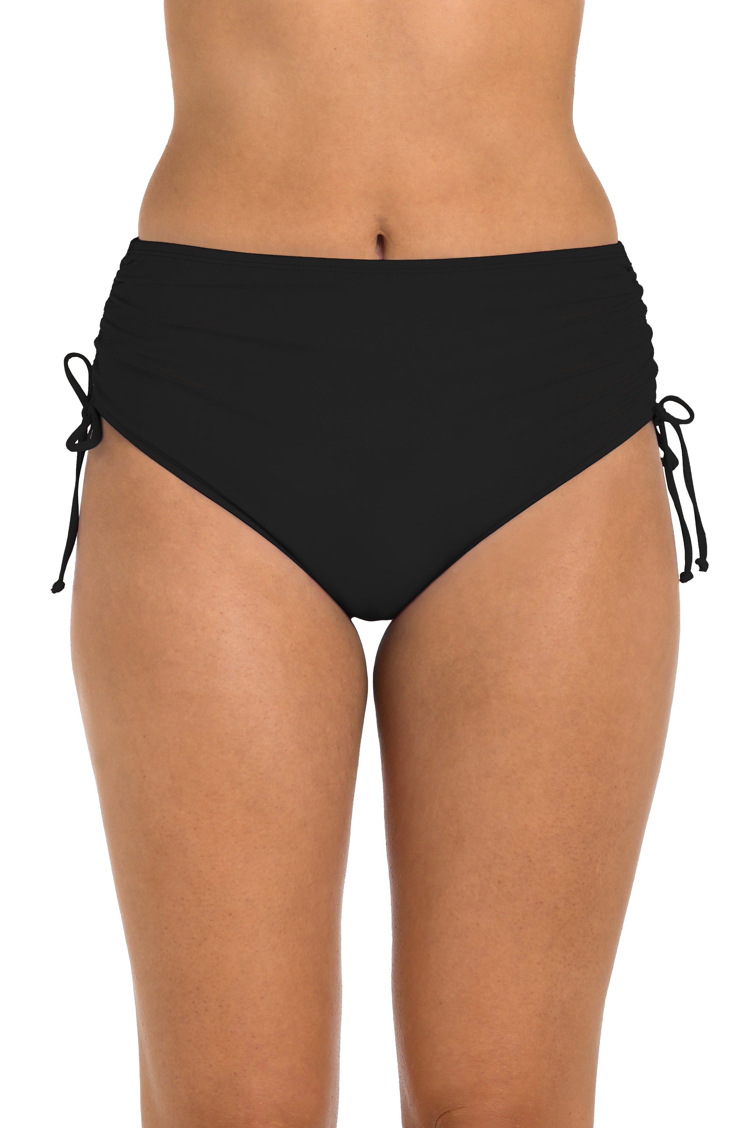 Black high-waisted bikini bottom with side ties on a white background