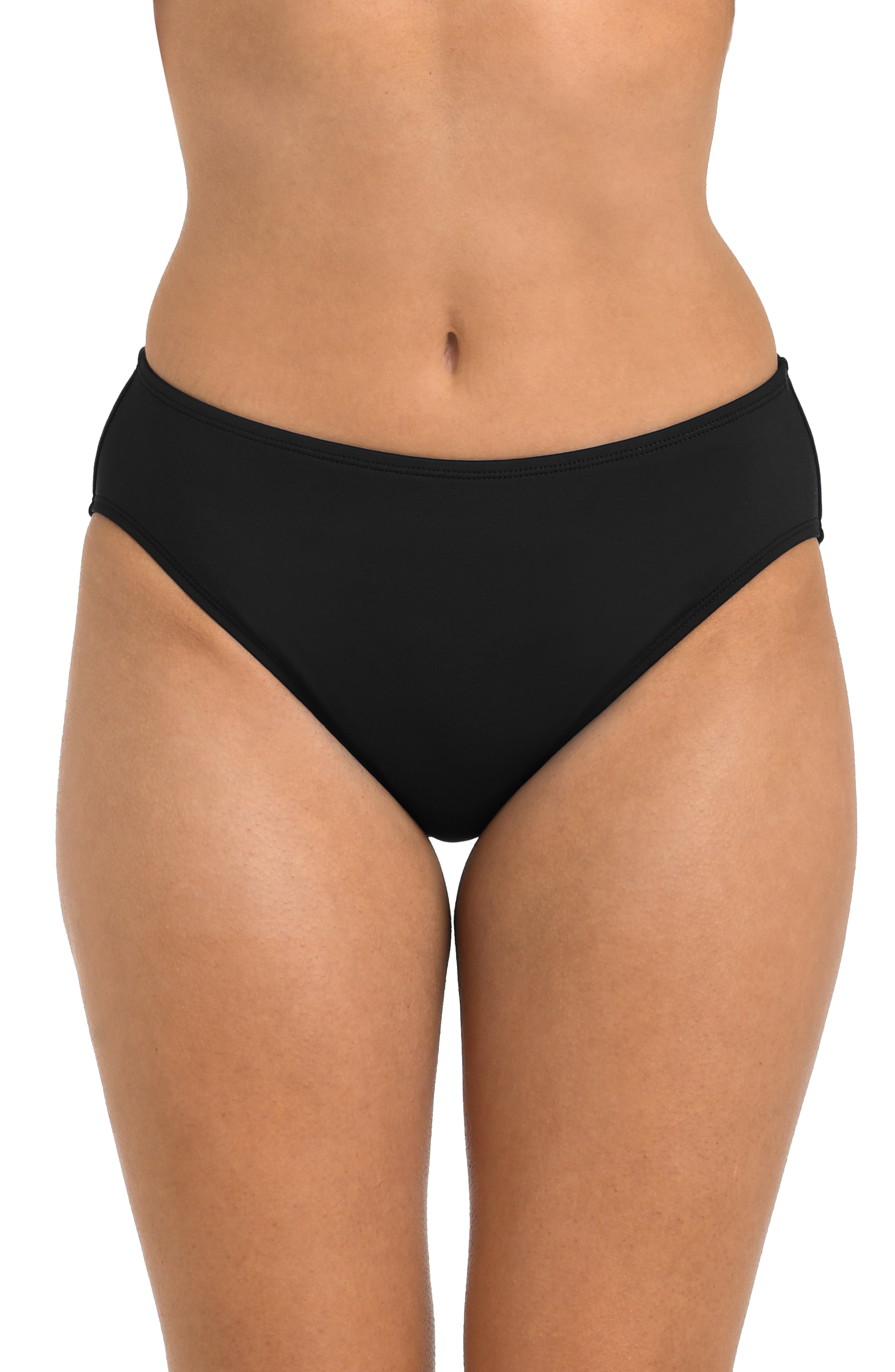 Black bikini bottom worn by a person on a white background