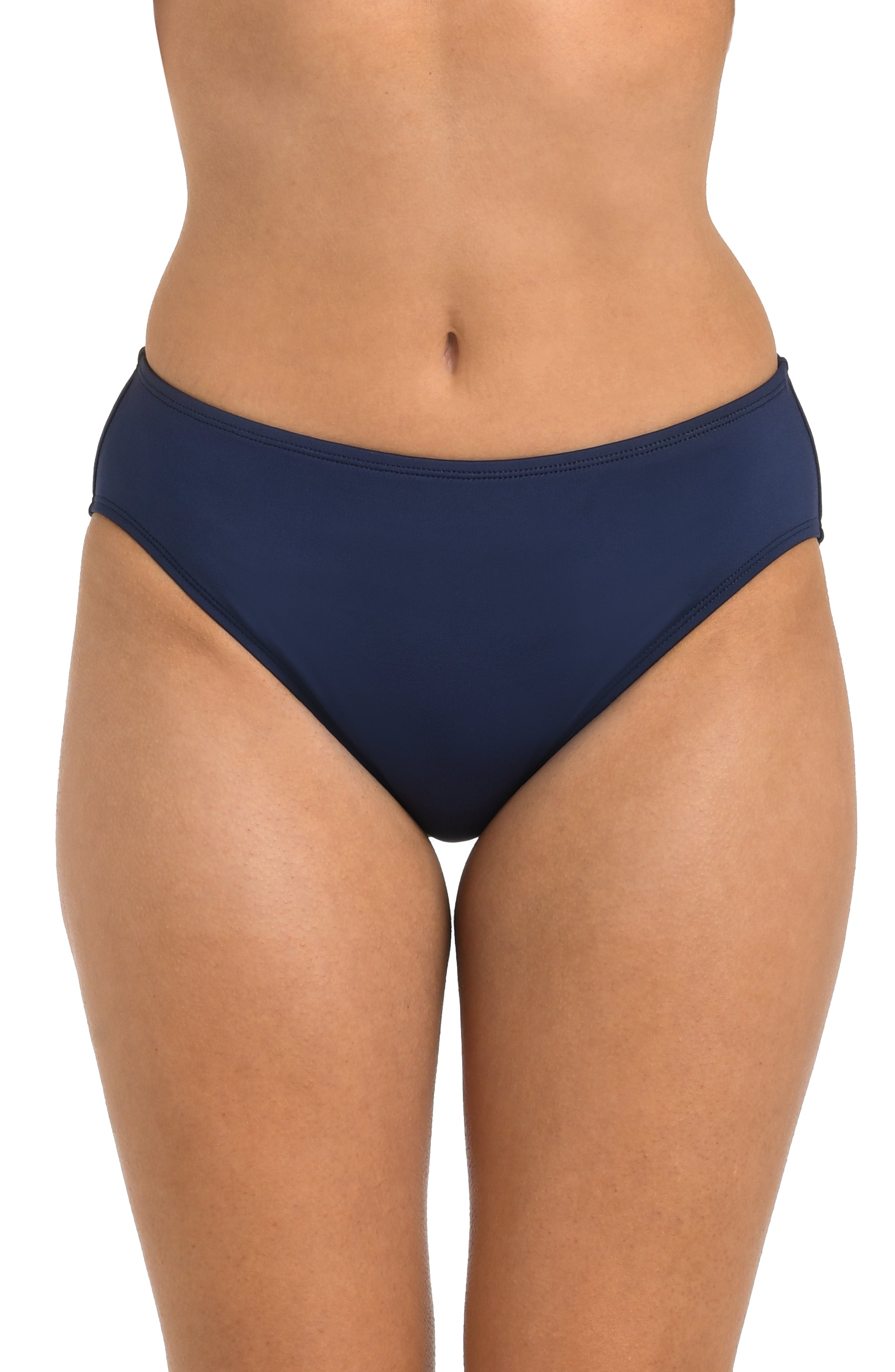 Navy blue bikini bottom worn by a person on a white background