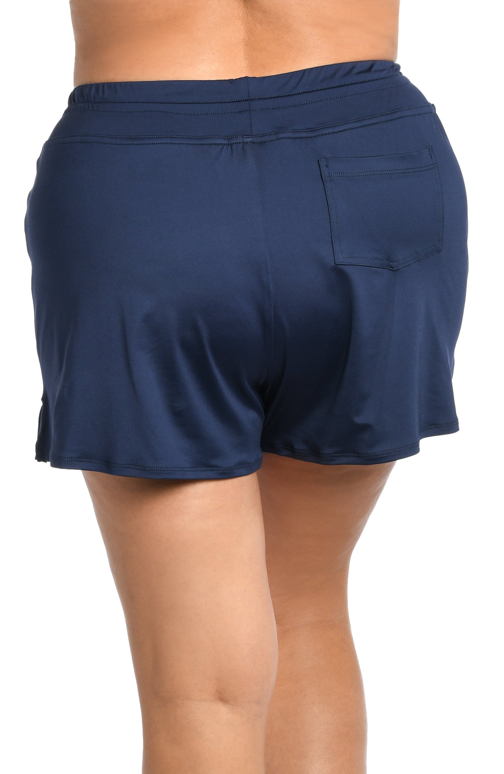 Navy blue swim shorts against a white background.