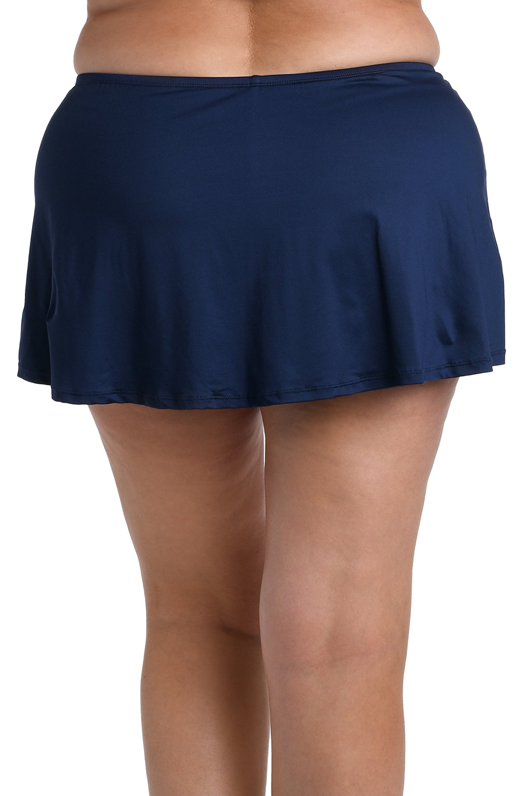 Navy blue swim skirt worn by a person on a white background