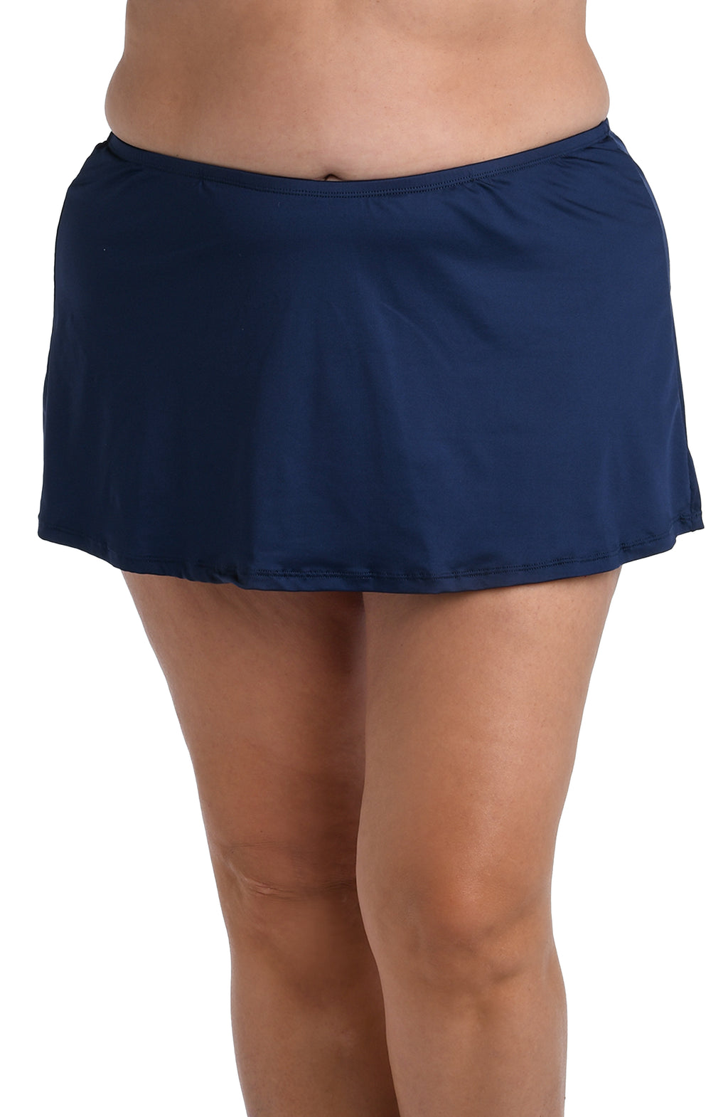 Navy blue swim skirt worn by a person on a white background