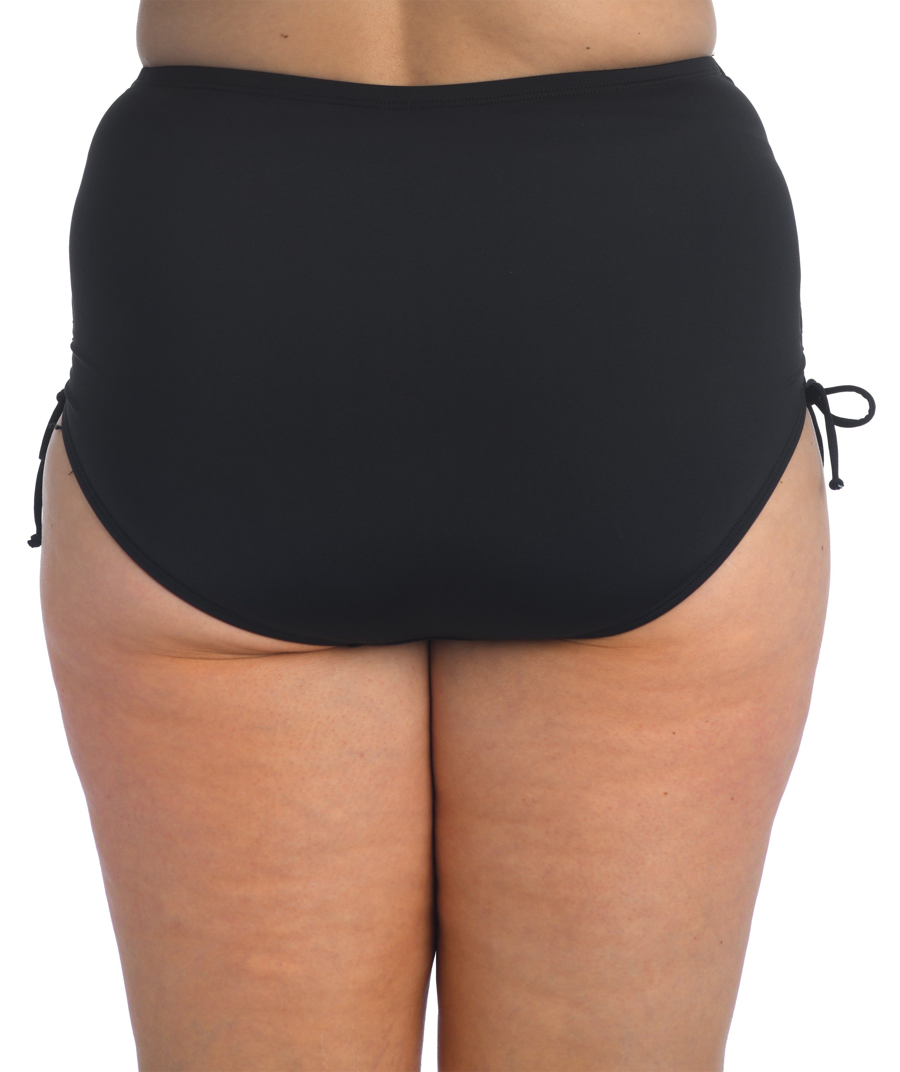 Black solid bottoms with side ties against a white background. 
