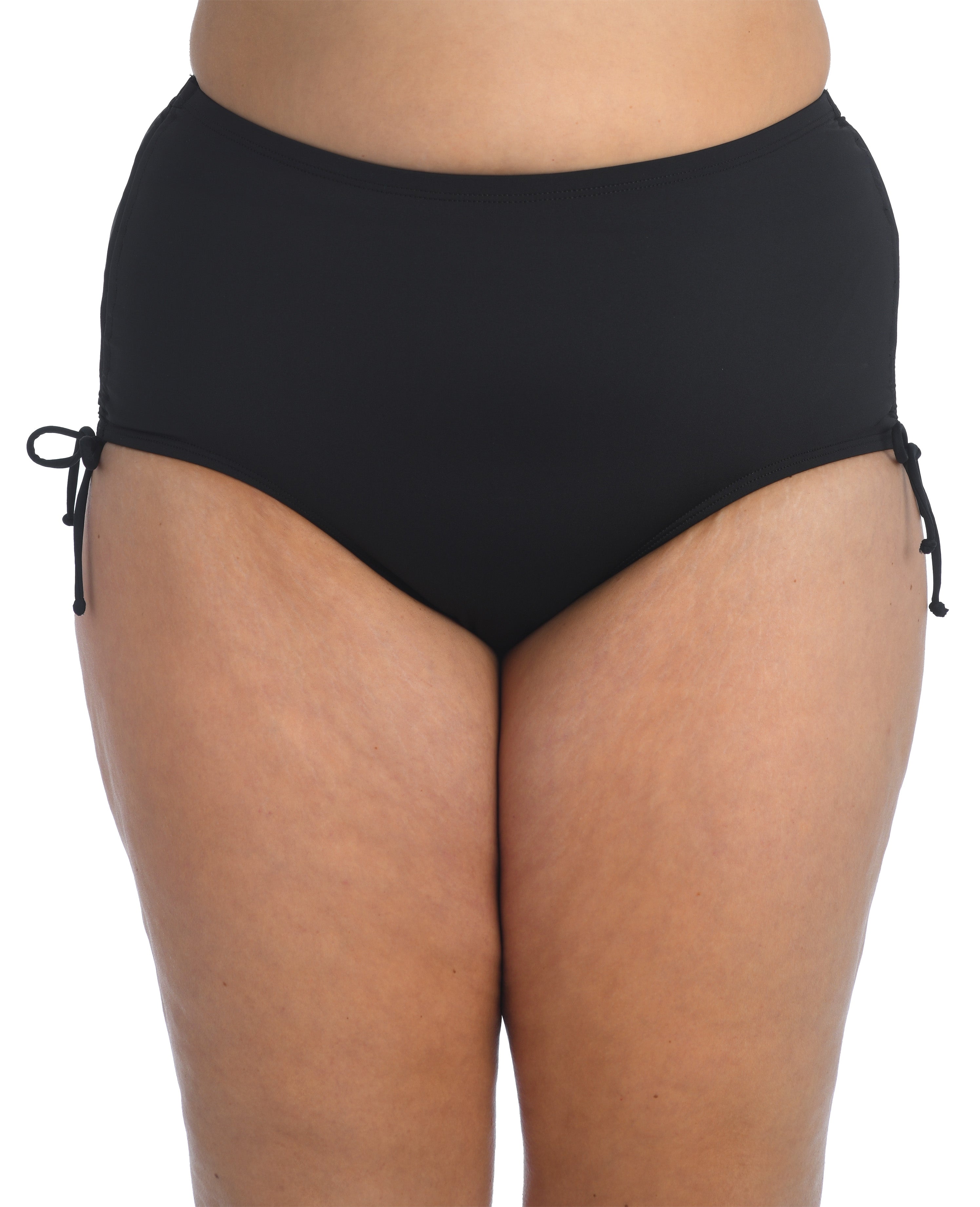Black solid bottoms with side ties against a white background. 