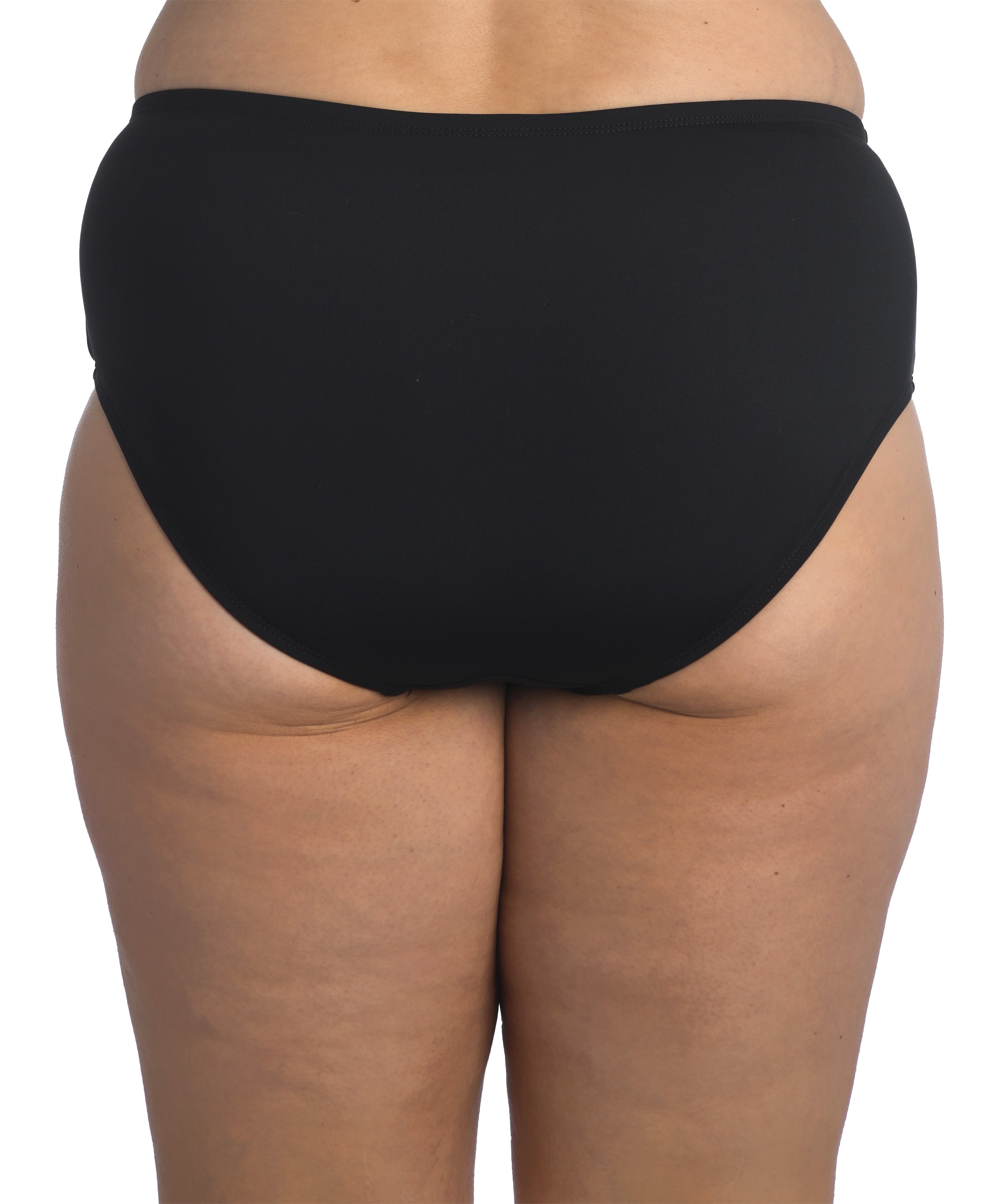Black bikini bottom worn by a person on a white background