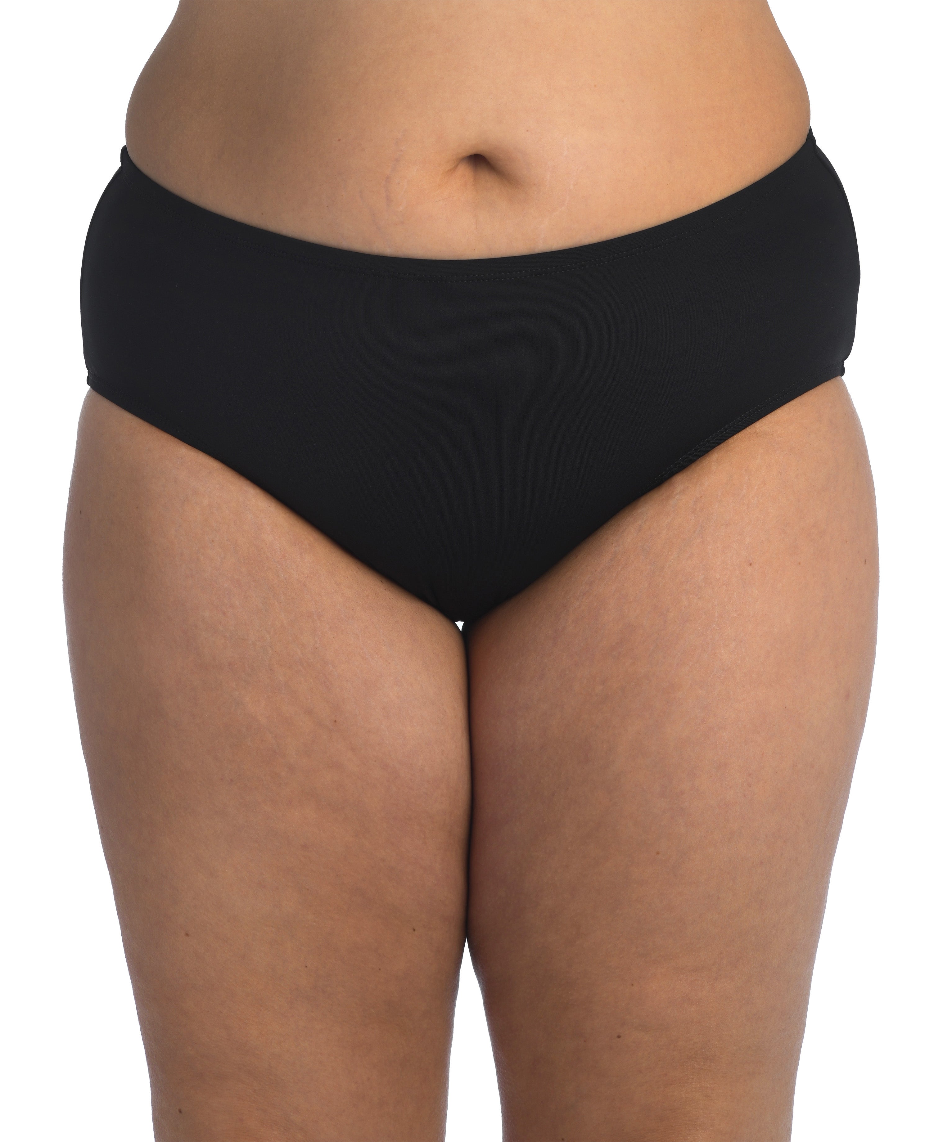 Black bikini bottom worn by a person on a white background