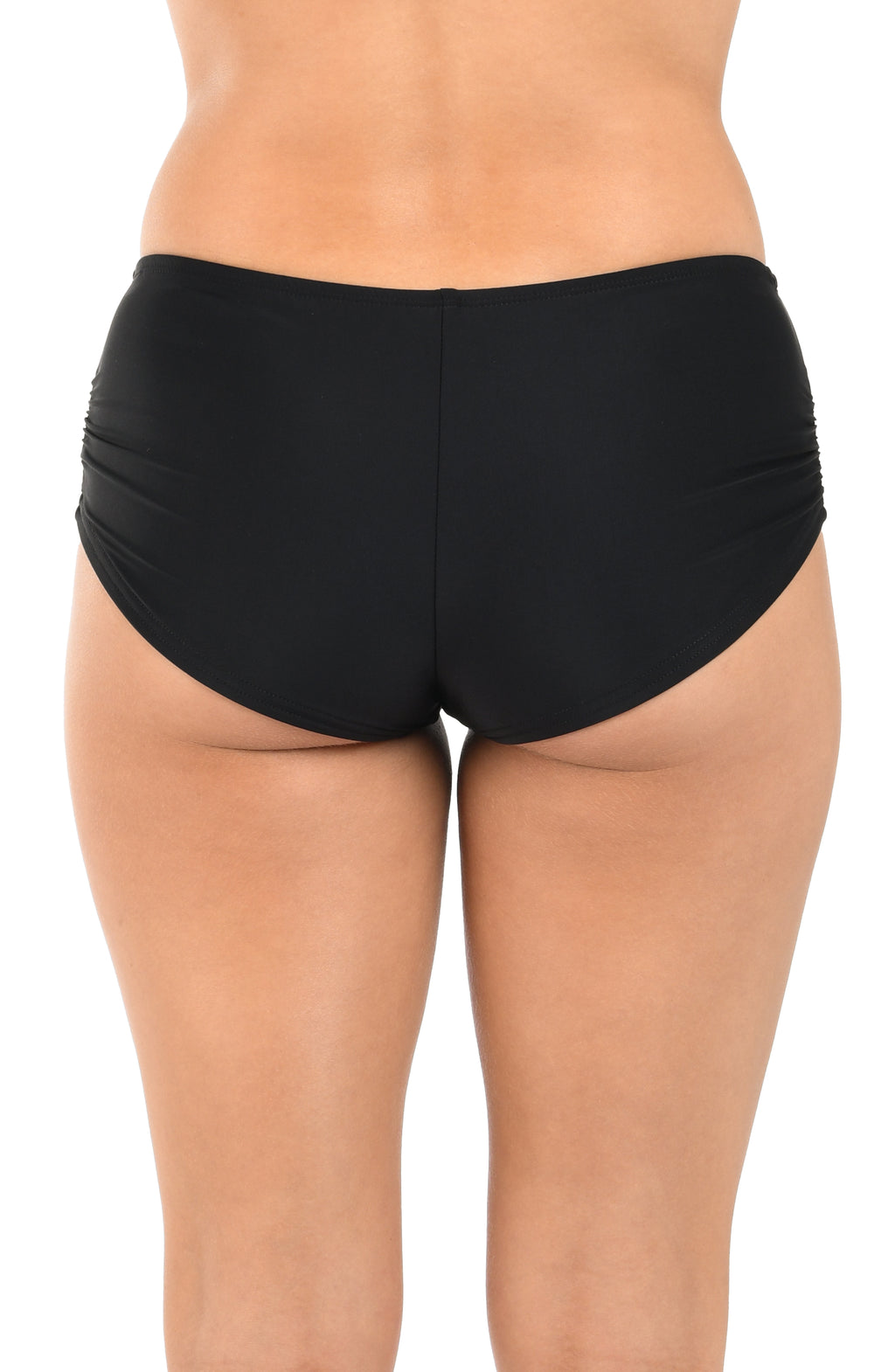 Black mid-waisted bikini bottom on a white background