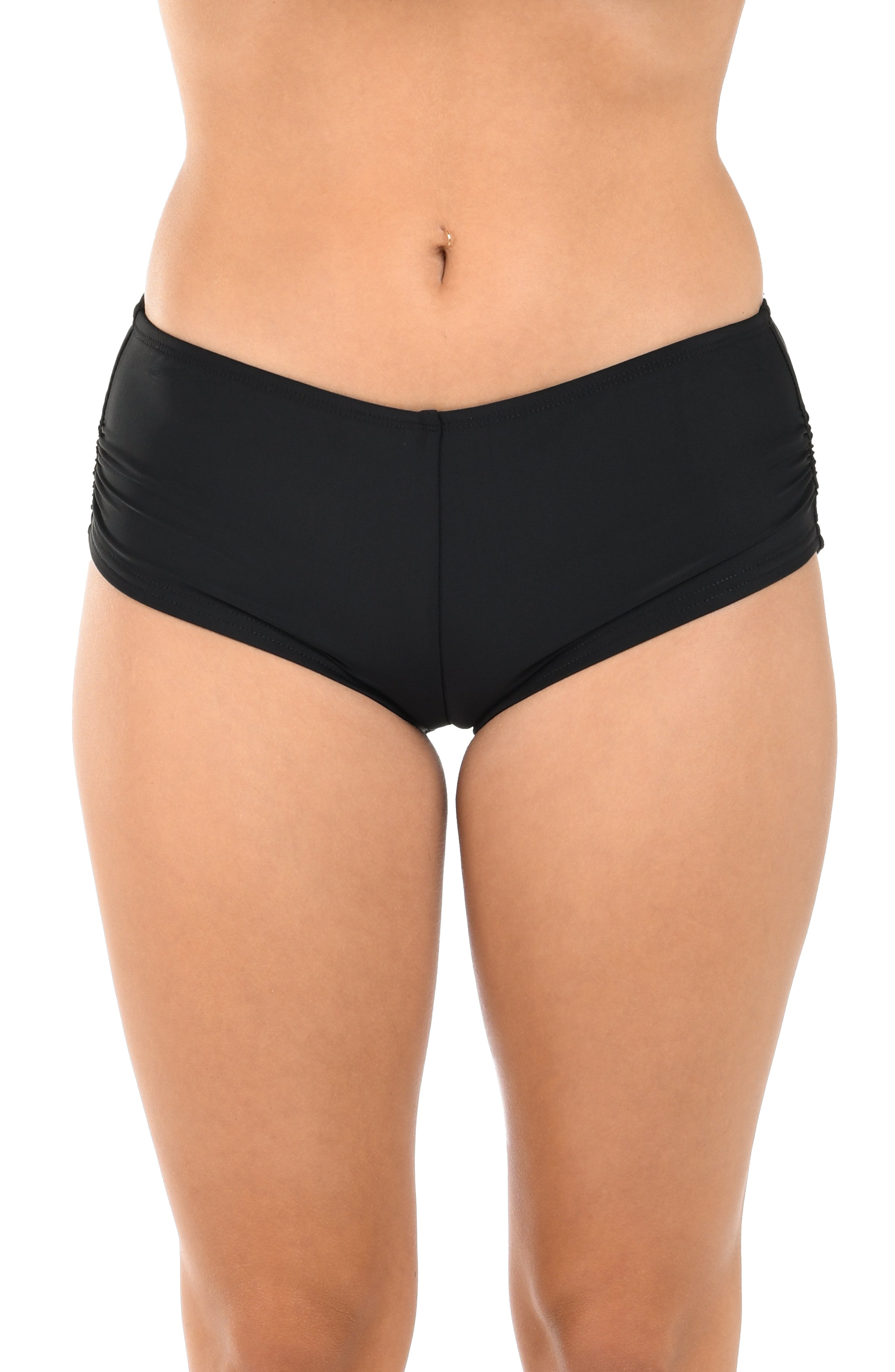 Black mid-waisted bikini bottom on a white background