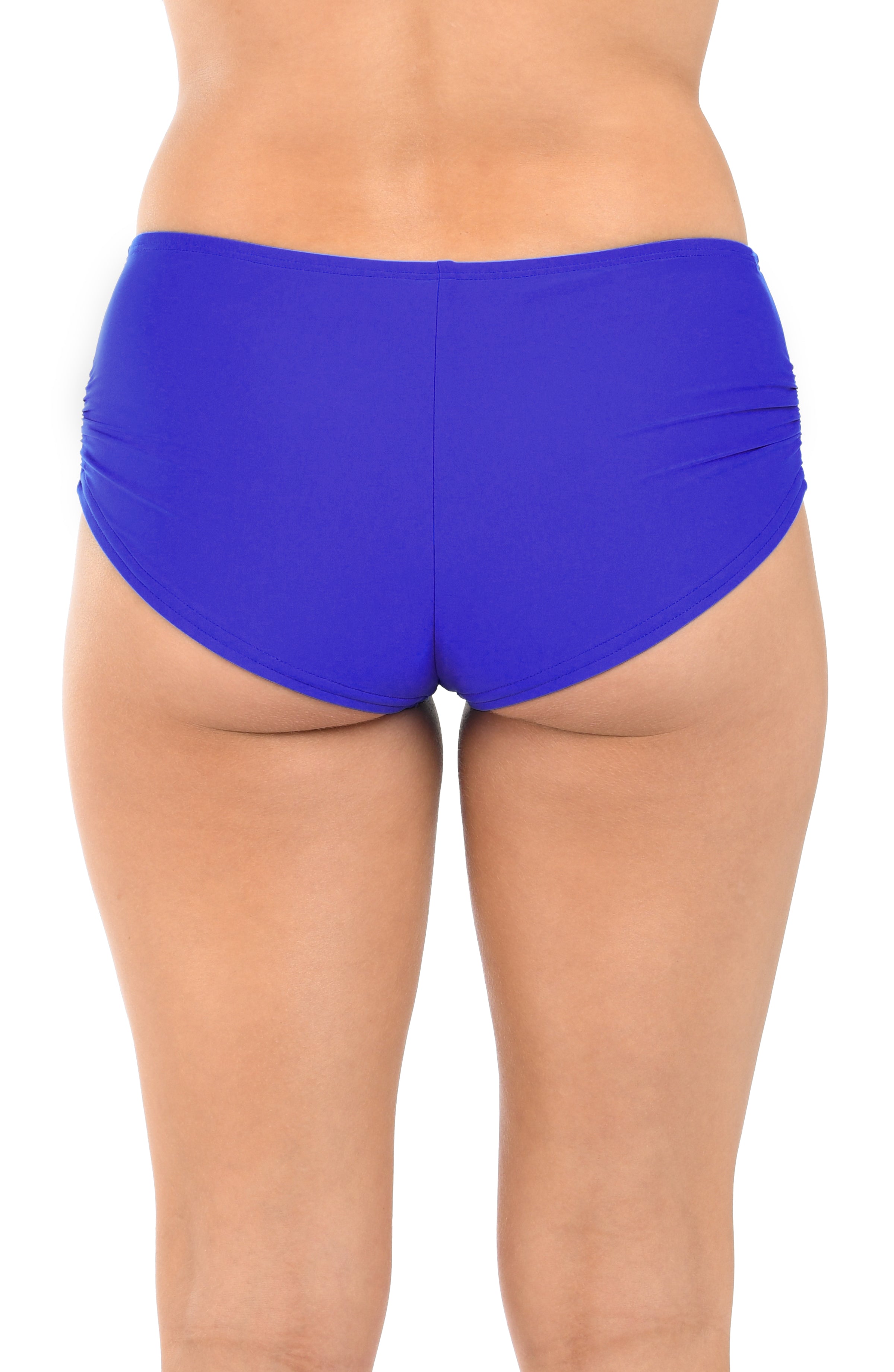 Blue mid-waisted bikini bottom on a white background