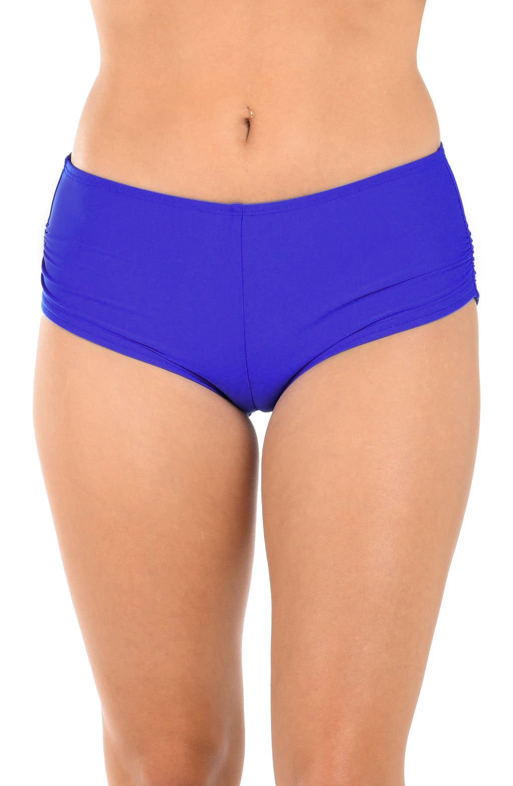 Blue mid-waisted bikini bottom on a white background
