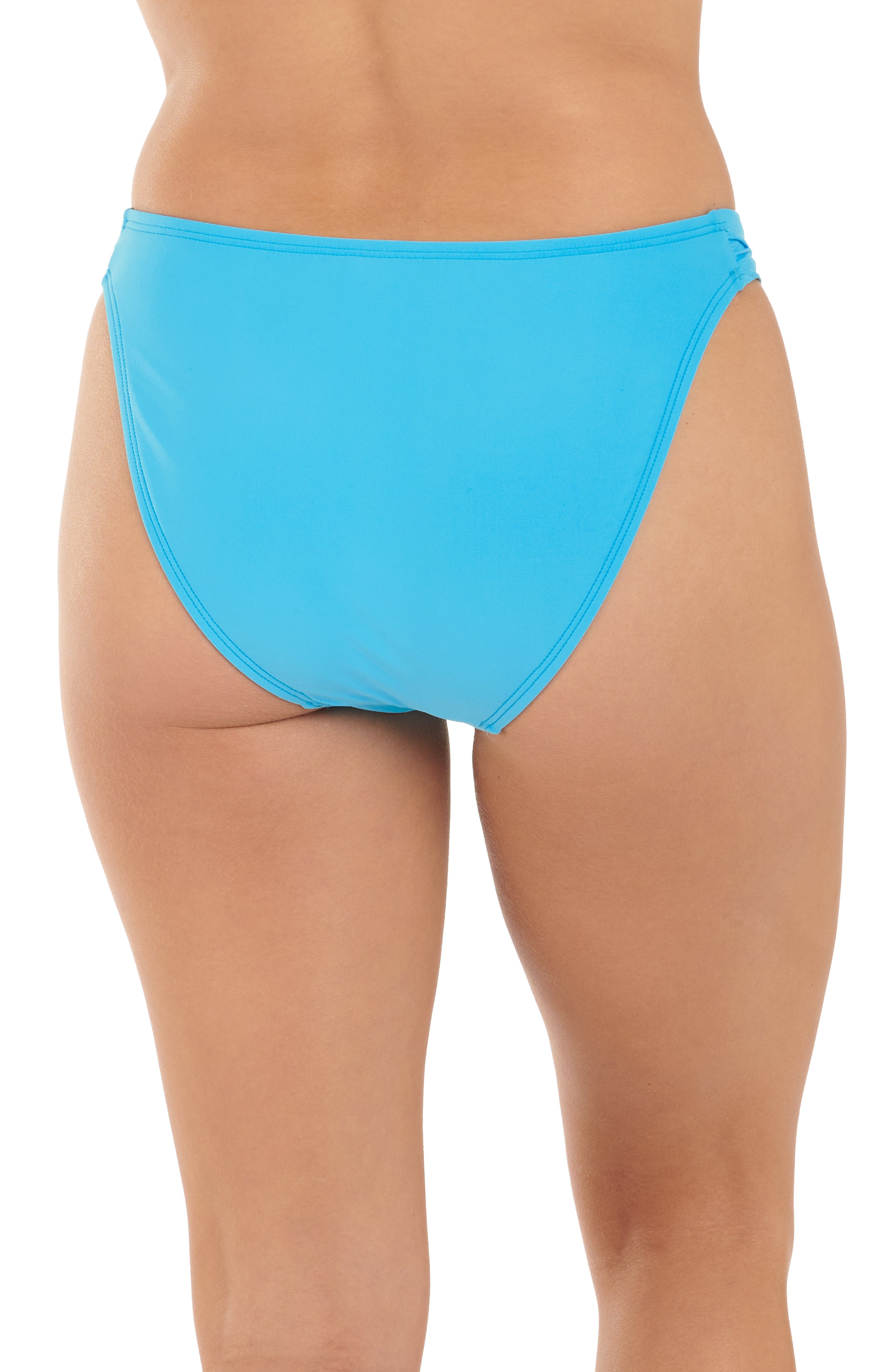 Blue bikini bottom worn by a person on a white background