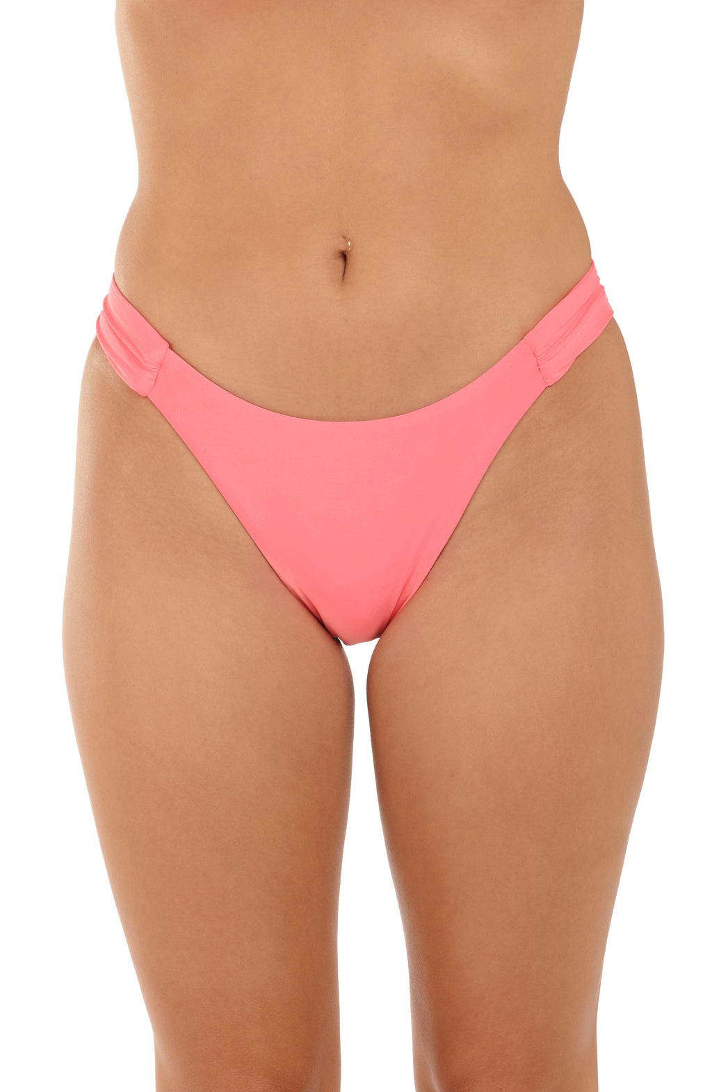 Pink bikini bottom worn by a person on a white background