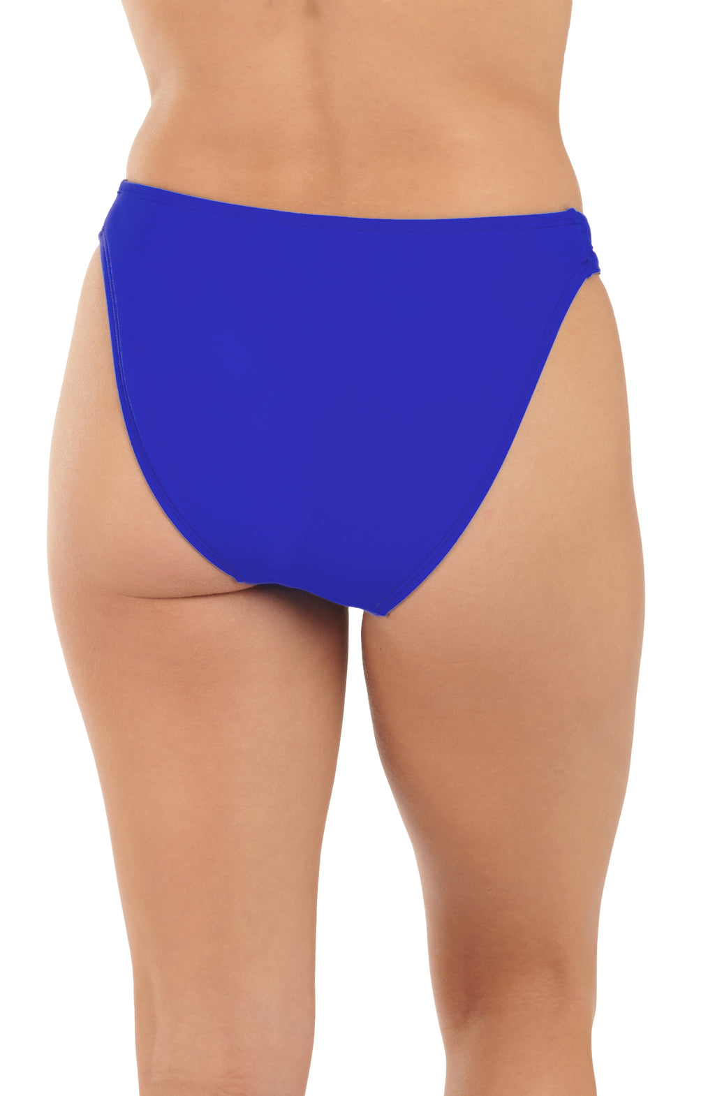 Blue bikini bottom worn by a person on a white background