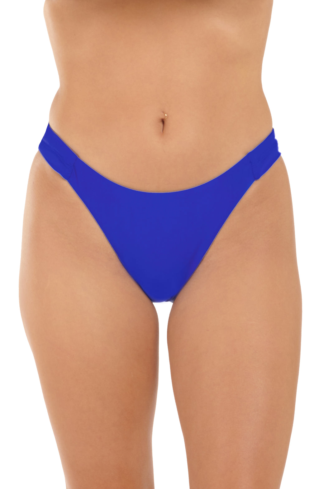 Blue bikini bottom worn by a person on a white background